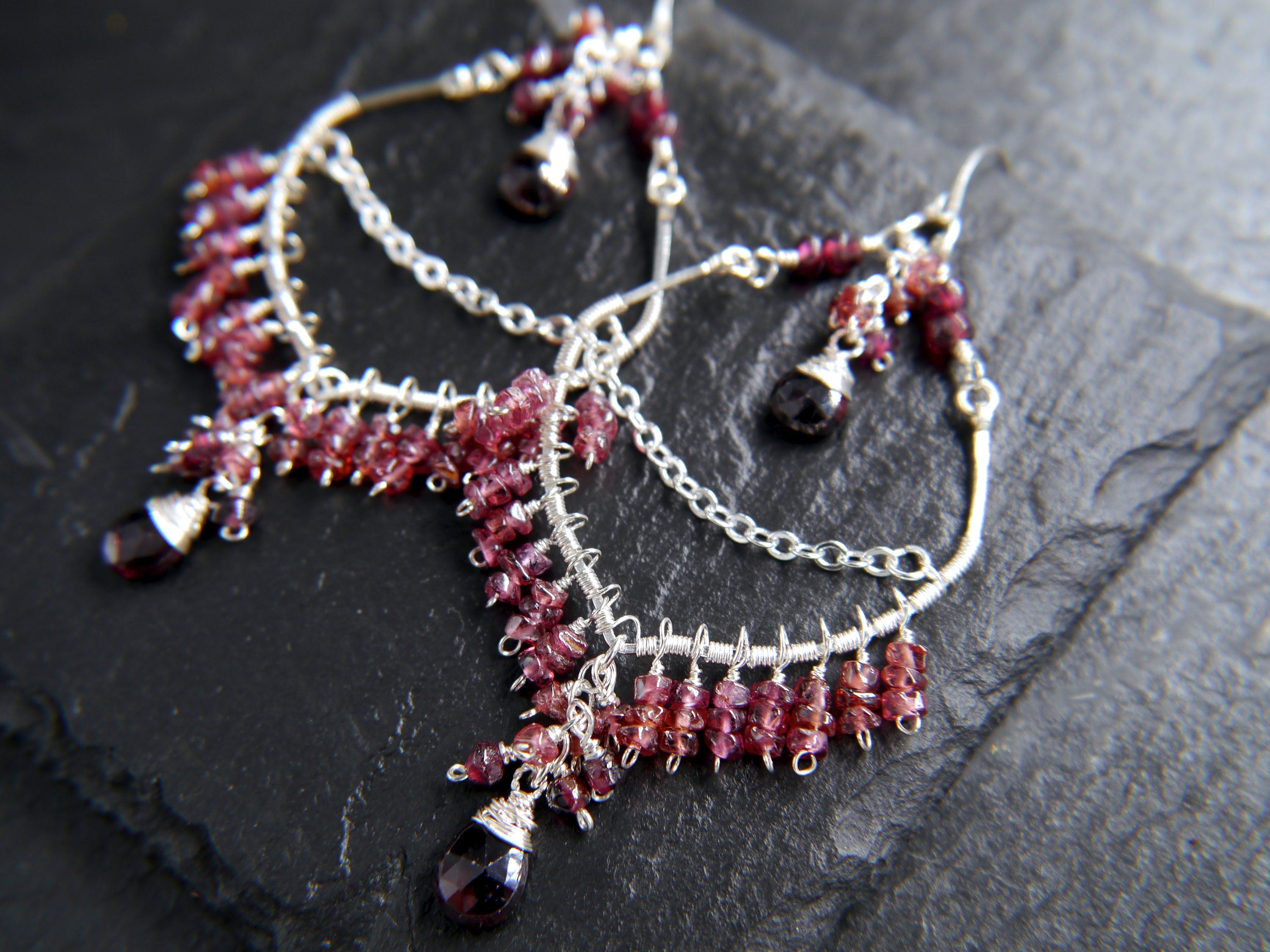 Garnet Chandelier Fringe Gemstone Earrings, Sterling Silver, Bohemian Style