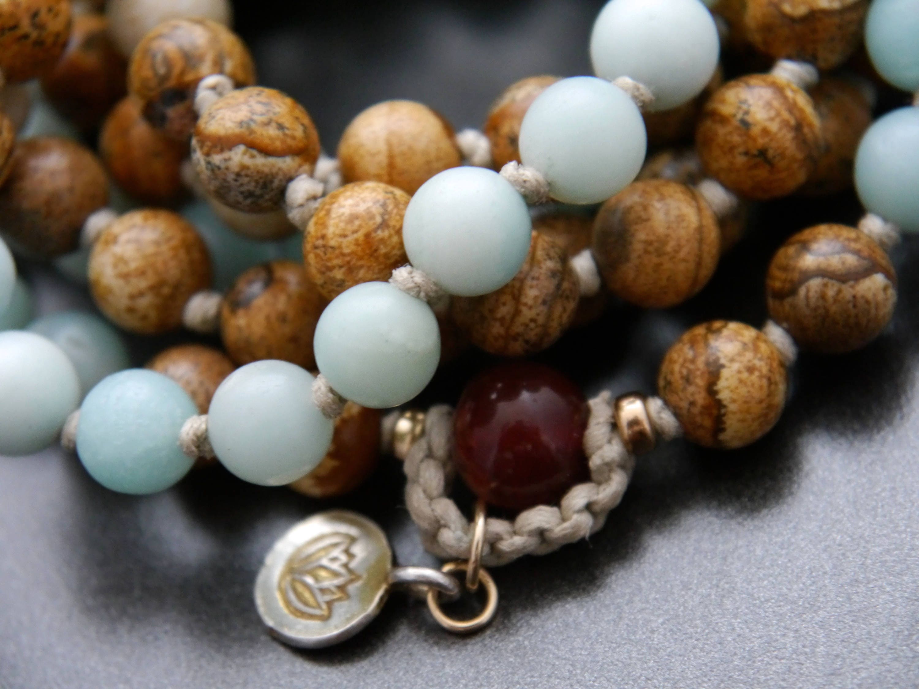 Earth Tone Picture Jasper Blue Amazonite Mala Beads, 108 Gemstone Beads, Wrap, Hand Knotted