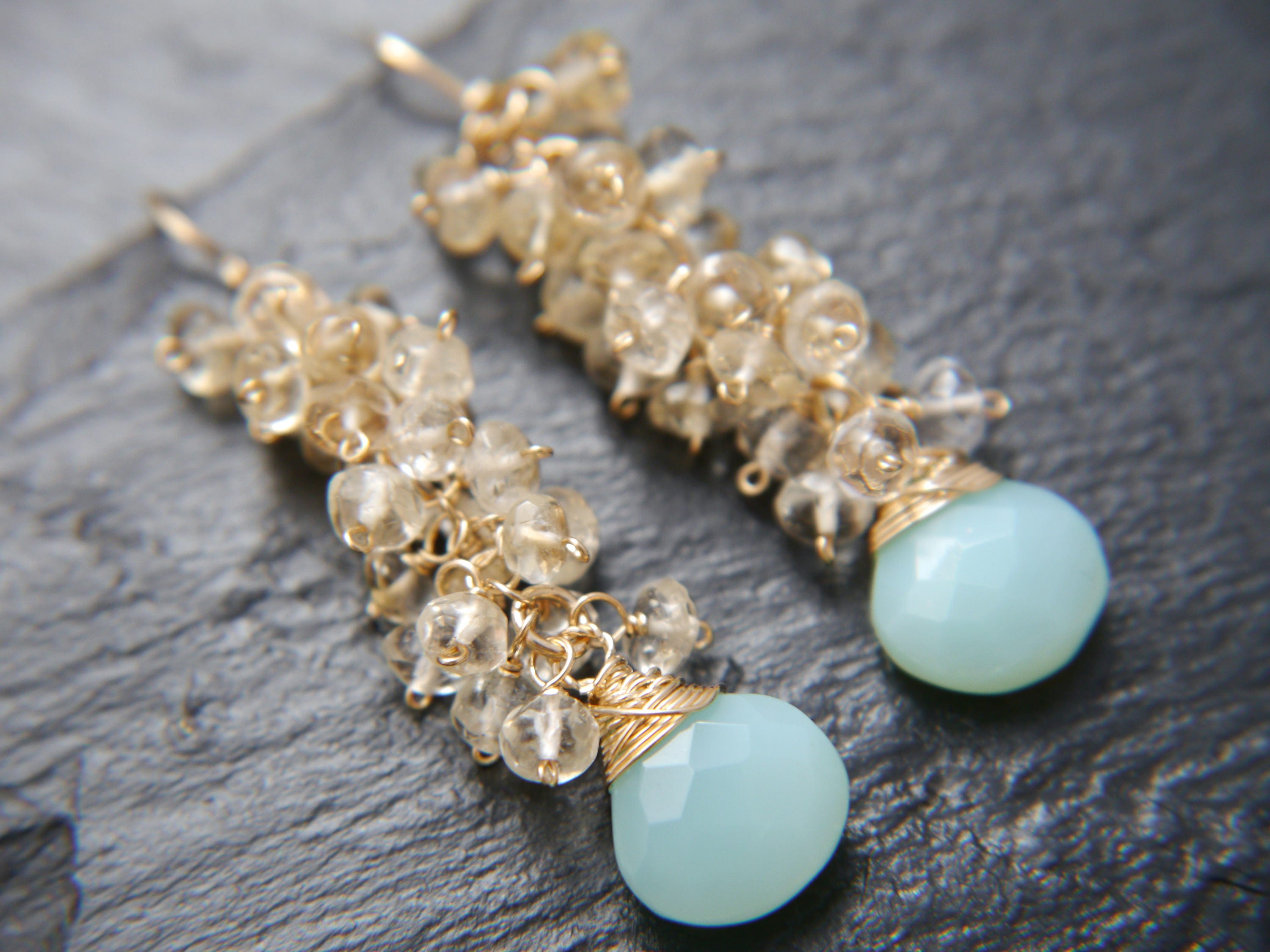 Aqua Chalcedony Citrine Cluster Vine Gemstone Earrings, 14K Gold Filled Bohemian Chic