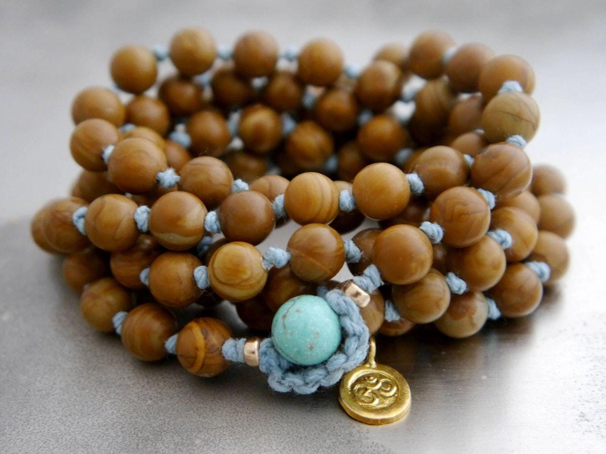 Brown Tigerskin Jasper 108 Mala Bead , Wrap, Hand Knotted Tibetan Prayer Beads