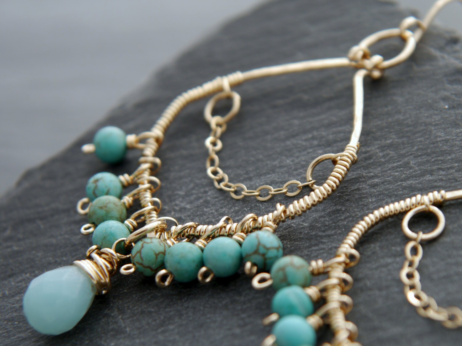 Turquoise Magenesite Aqua Amazonite Chandelier Fringe Gemstone Earrings, 14K Gold Filled