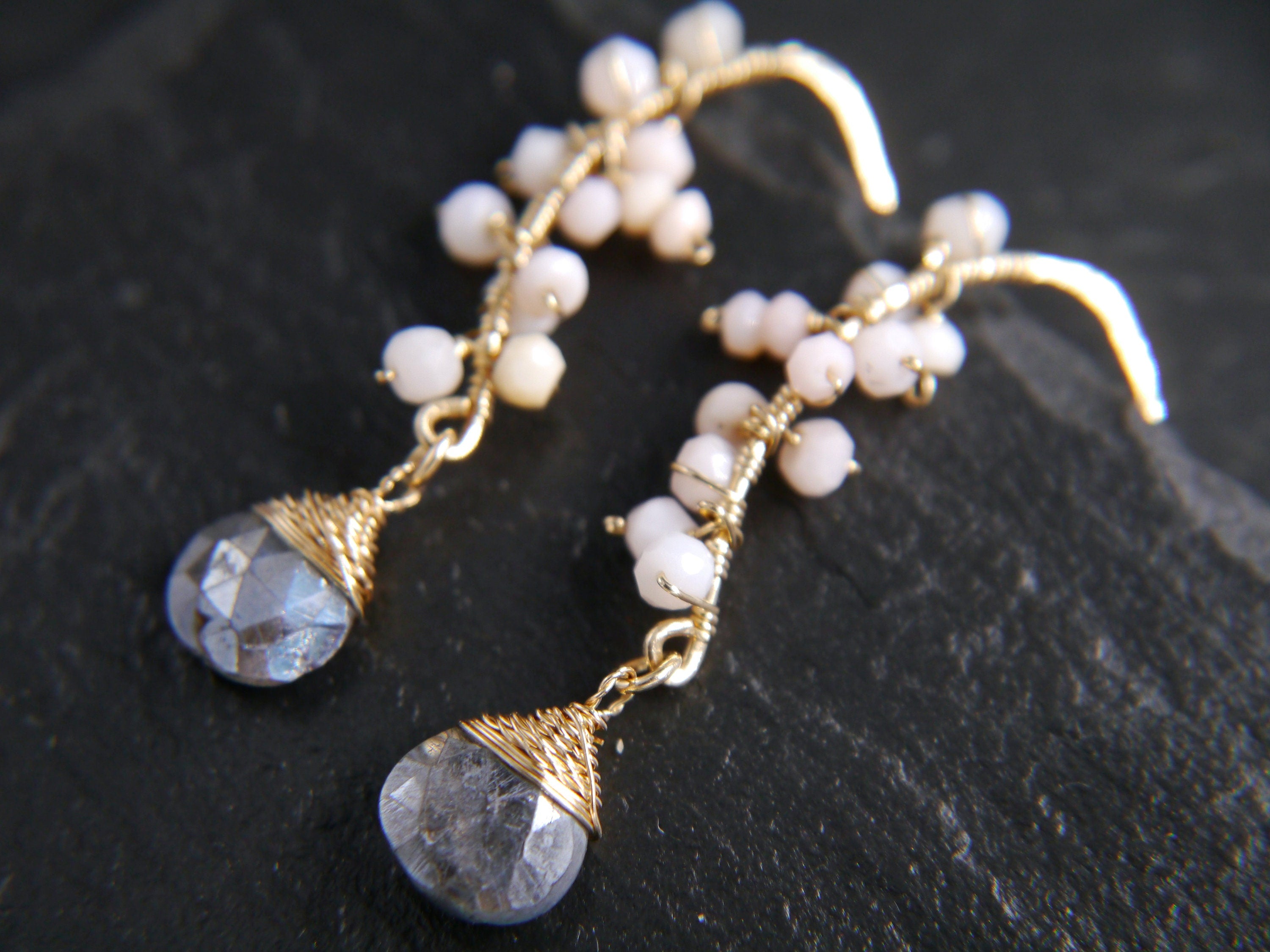 Labradorite Pink Opal Floral Hoop Gemstone Earrings, 14K Gold Filled Bohemian Jewelry