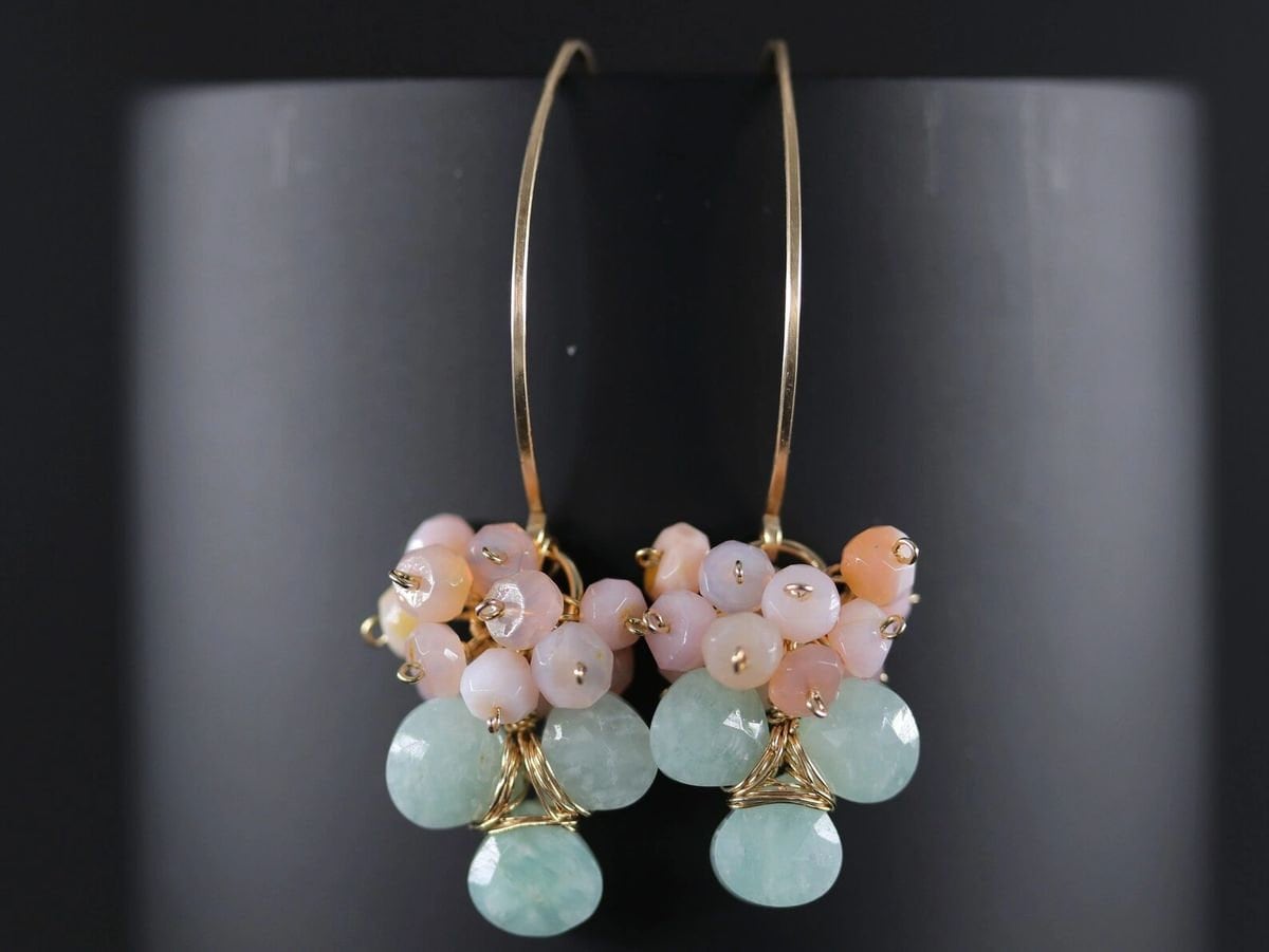 Pink Opal Amazonite Earrings, 14 Gold Filled Teardrop Bohemian Floral
