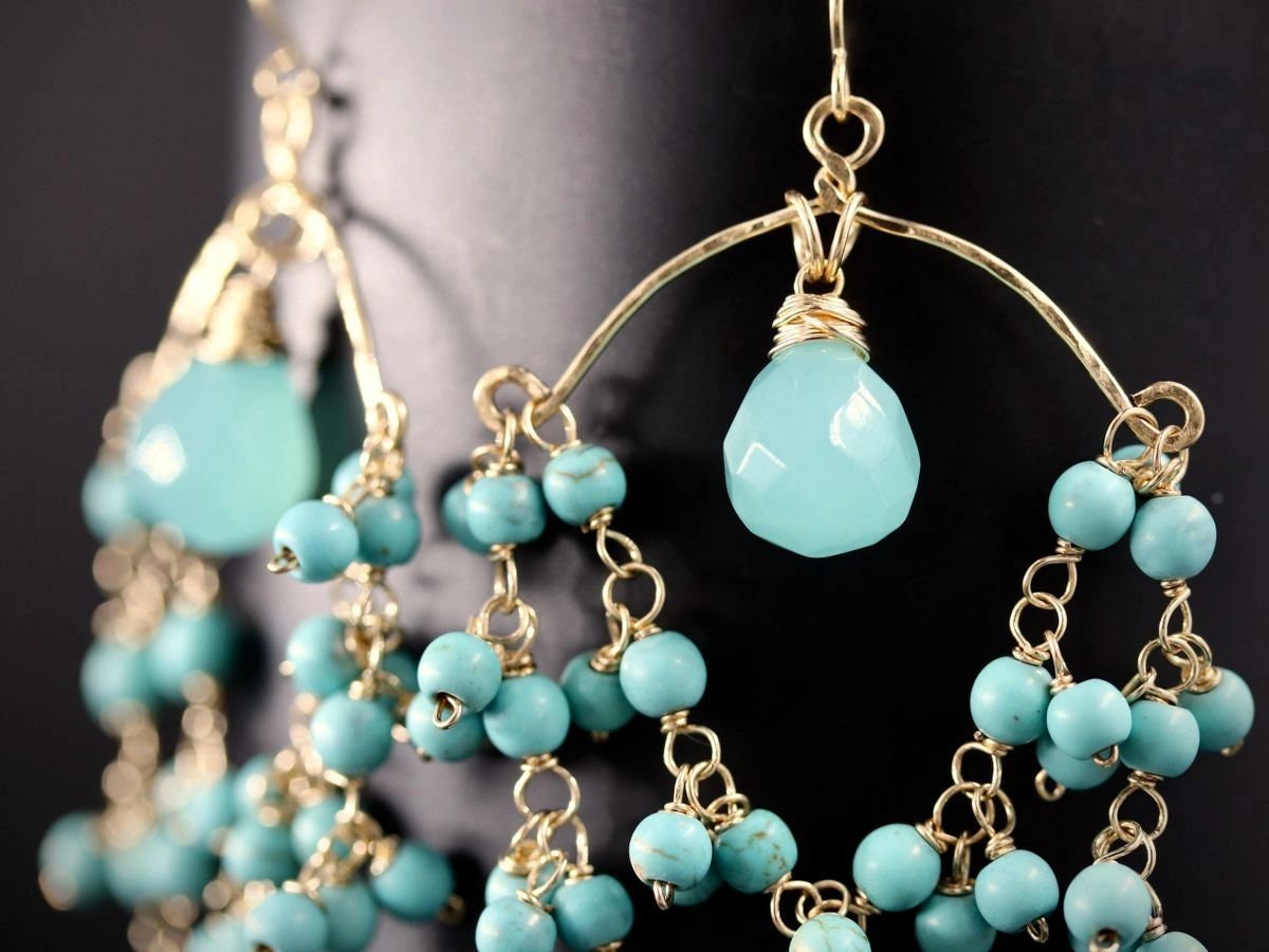 Turquoise Magnesite Aqua Chalcedony Fringe, Gemstone Earrings, 14K Gold Filled Bohemian Wedding