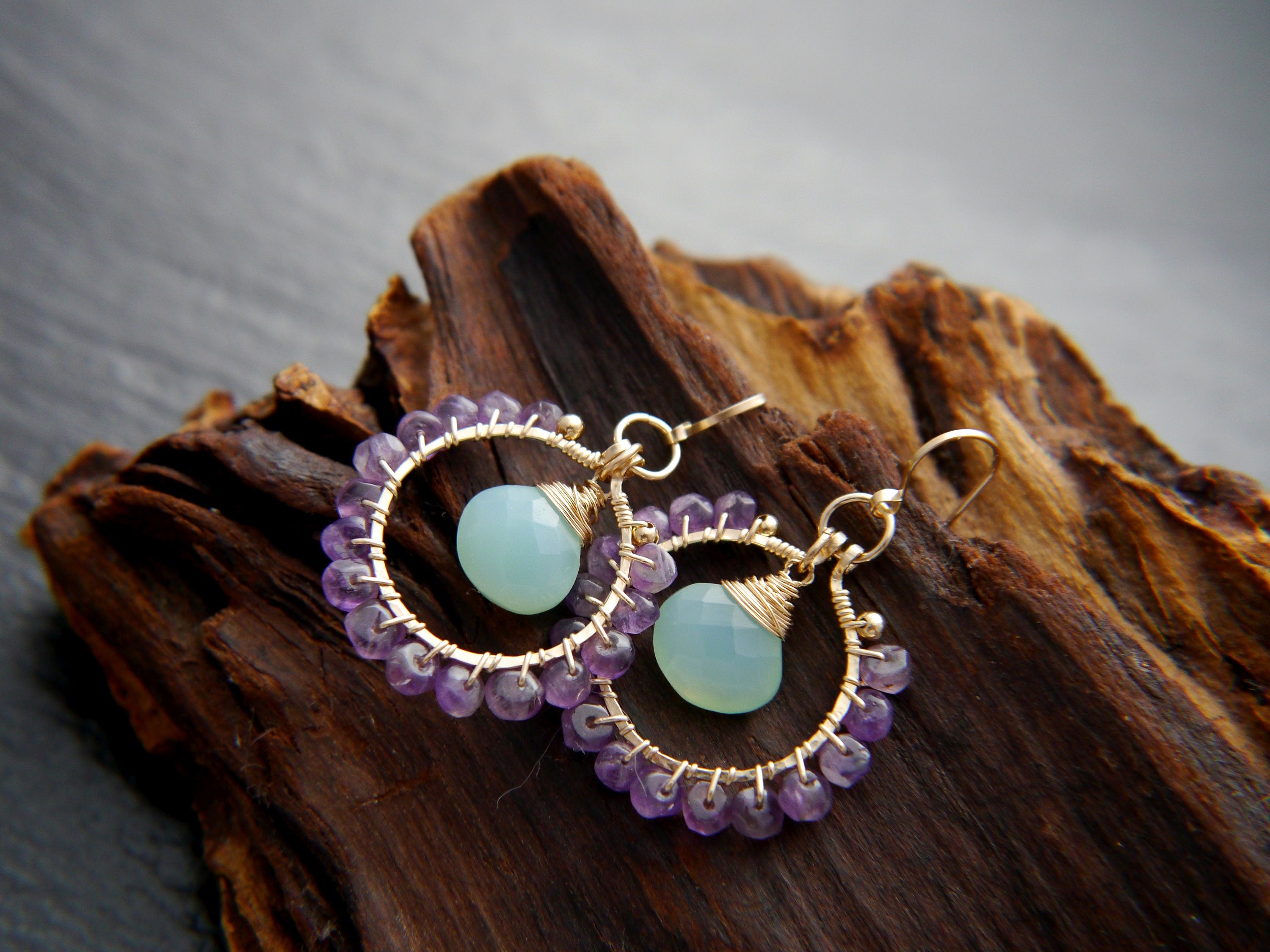 Amethyst Aqua Chalcedony Hoop Earrings, 14K Gold Filled Gemstone Hoops, Boho Jewelry