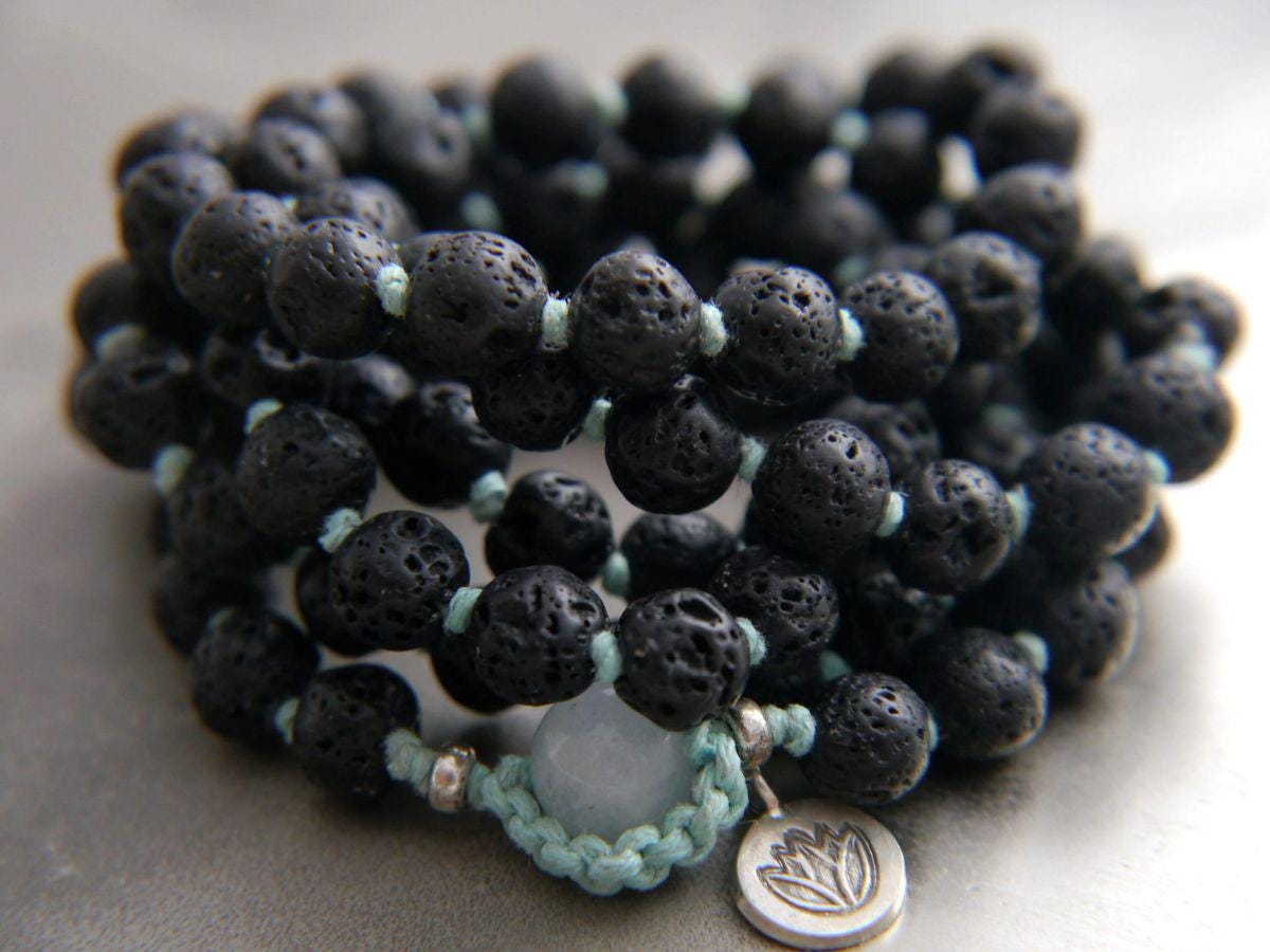 Black Lava Rock 108 Mala Bead , Wrap, Hand Knotted Tibetan Prayer Beads