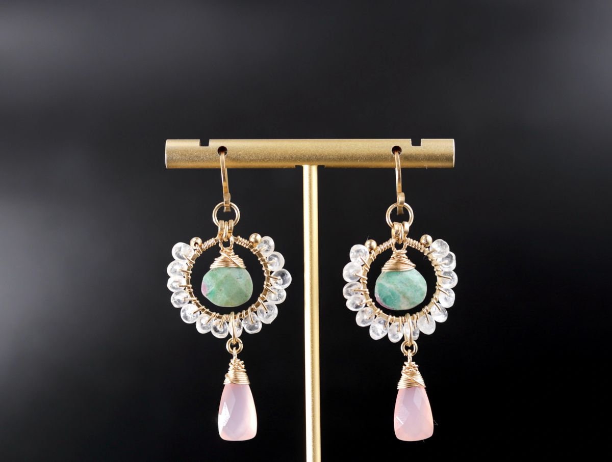 Pink Chalcedony Trillion Ruby in Fuchsite Floral Gemstone Earrings, 14K Gold Filled Unique Boho