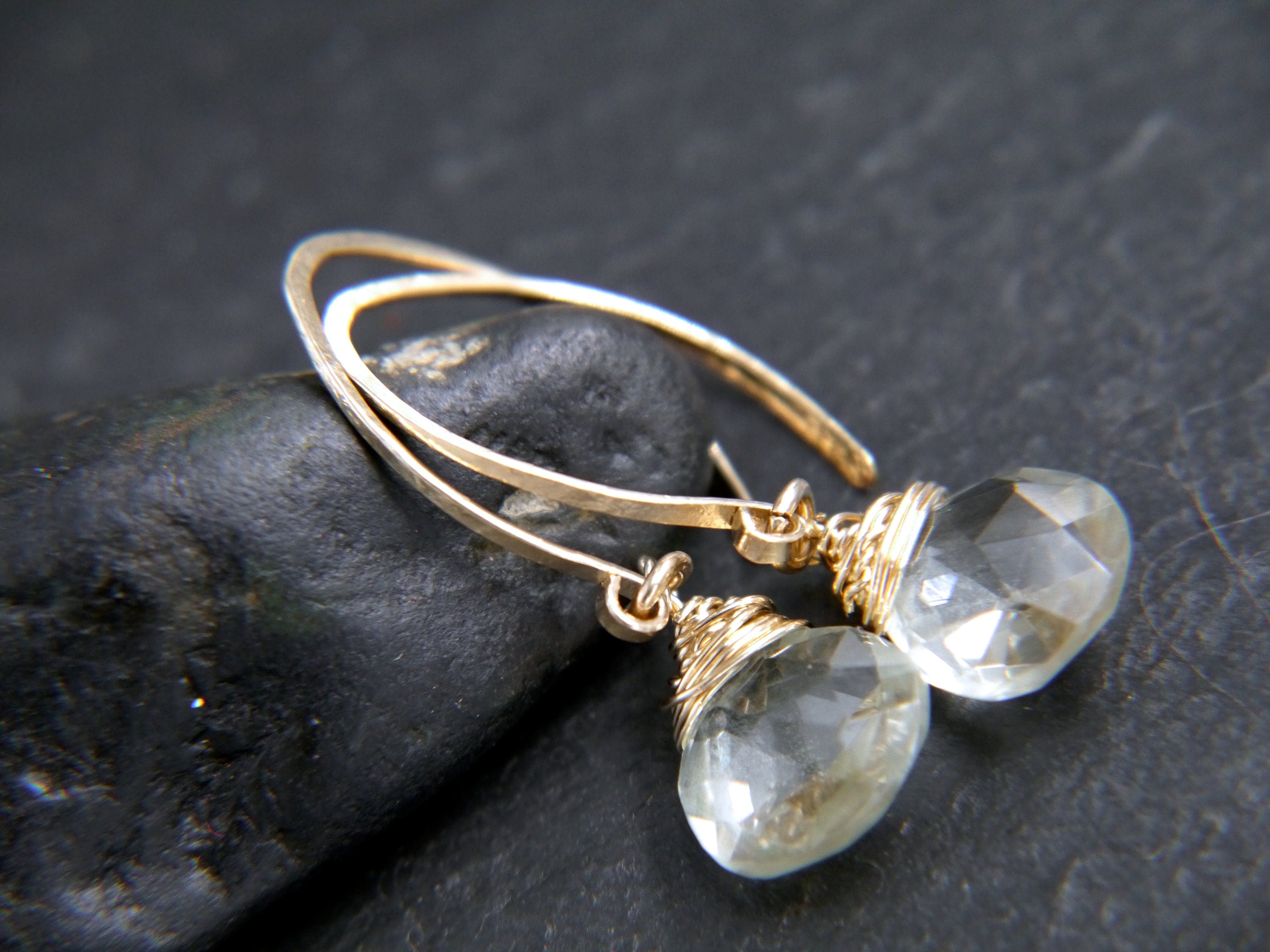 Green Amethyst Long Hoop Gemstone Earrings, 14K Gold Filled Classic Style
