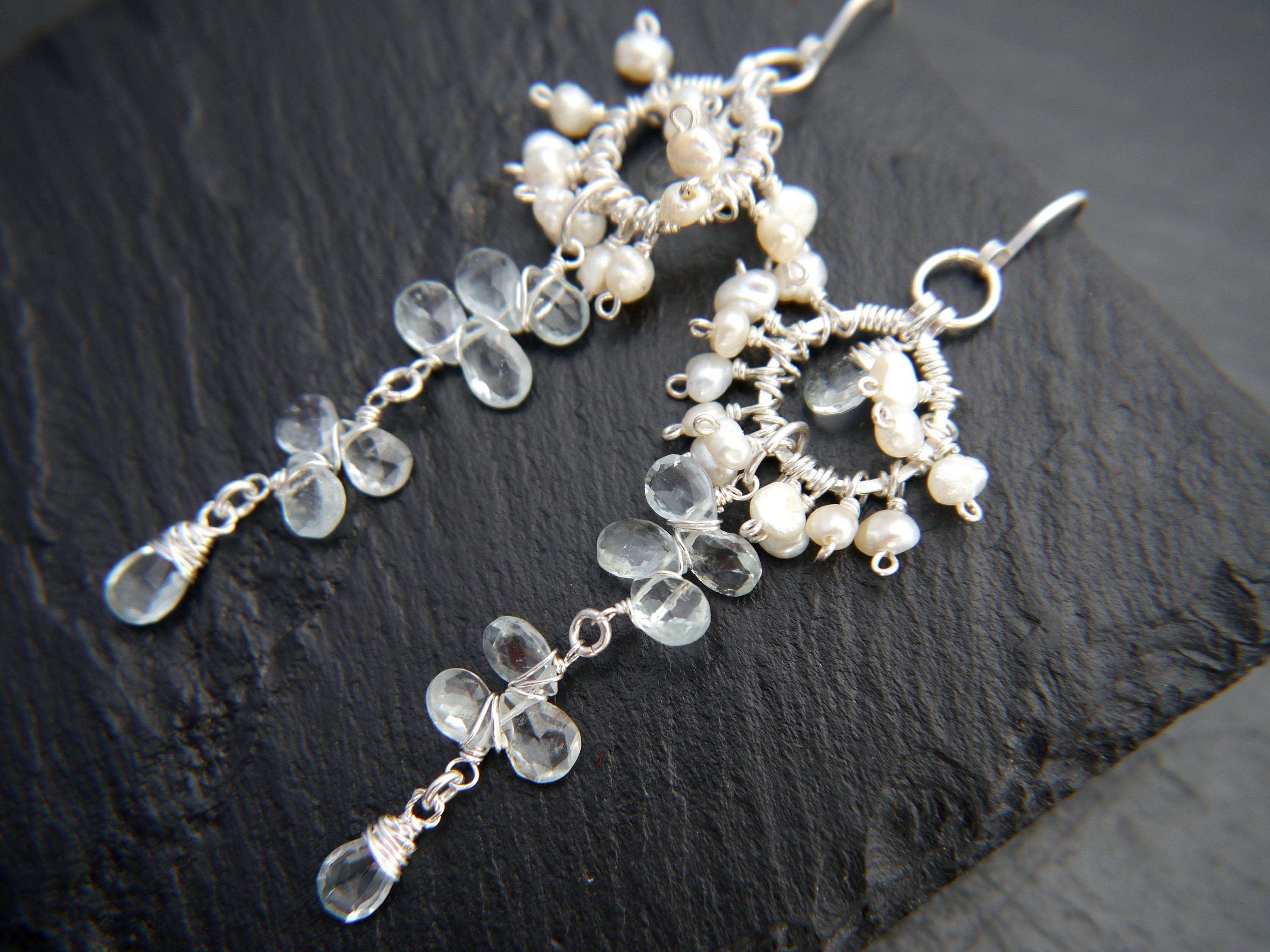 Aquamarine Pearl Long Dangle Chandelier Gemstone Earrings, Sterling Silverr Bridal Jewelry