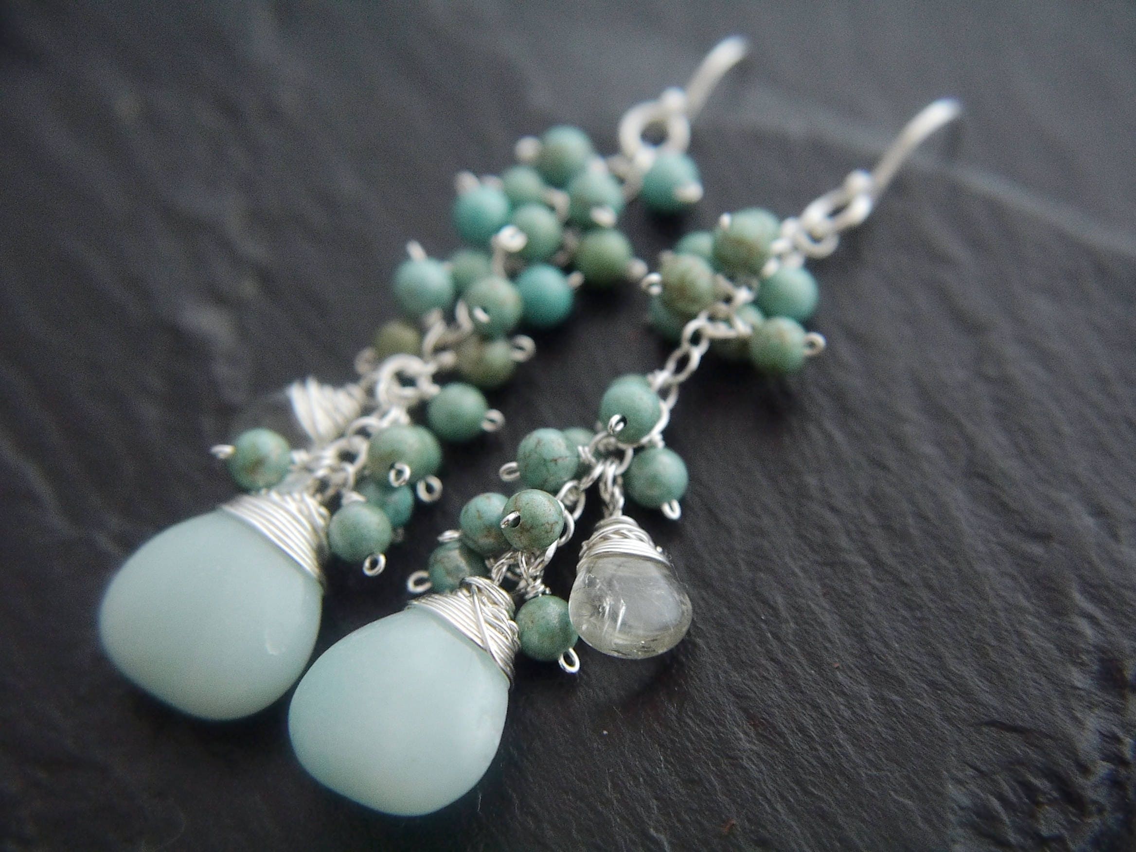 Amazonite Turquoise Magnesite Long Dangle Cluster Gemstone Earrings, Sterling Silver