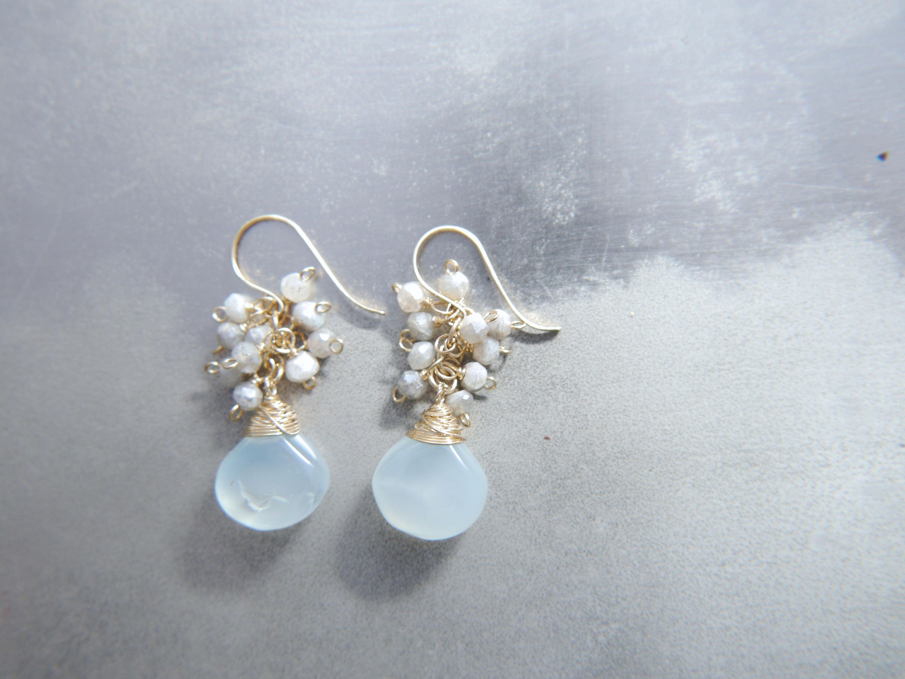 Aqua Chalcedony Briolette Labradorite Cluster Gemstone Earrings, 14K Gold Filled
