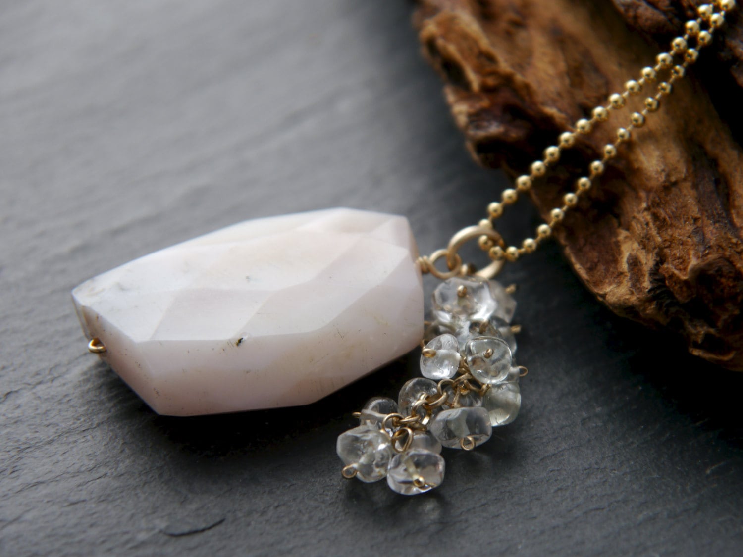 Pink Opal Gemstone Pendant Necklace, 14K Gold Filled, Nature Inspired Jewelry