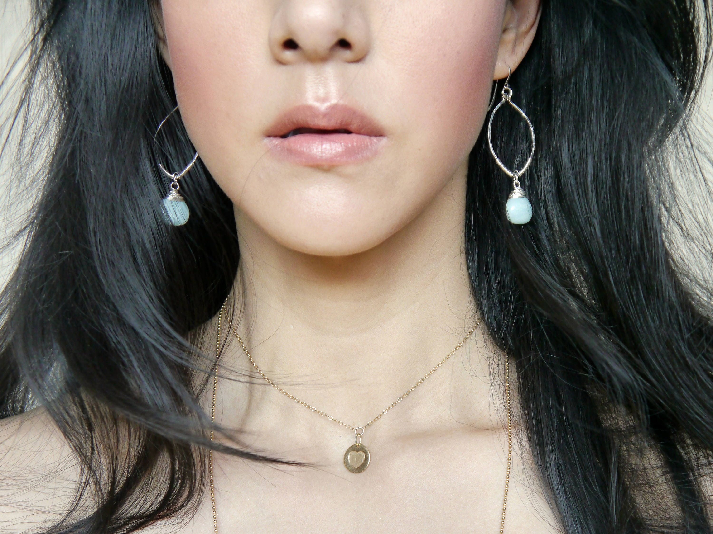 Amazonite Leaf Hoop Gemstone Earrings, Sterling Silver, Nature Inspired