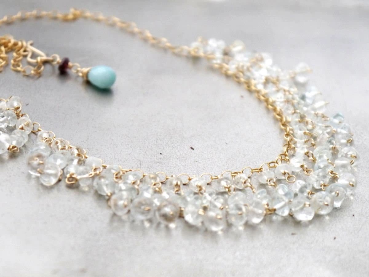 Aquamarine Gemstone Bib Necklace, 14K Gold Filled Bohemian Bride