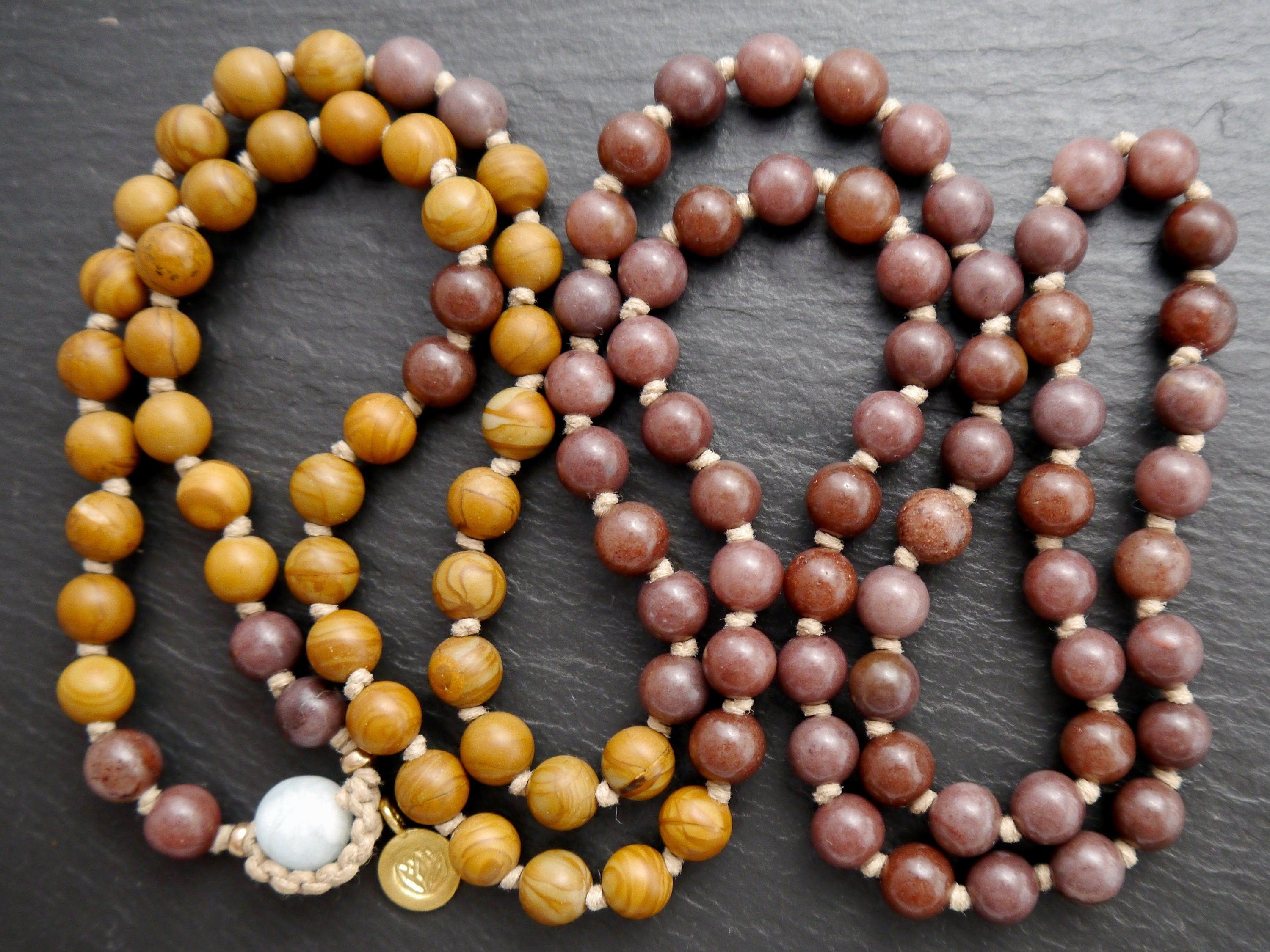 Brown Tigerskin Jasper Purple Aventurine Mala Beads, 108 Gemstone , Hand Knotted