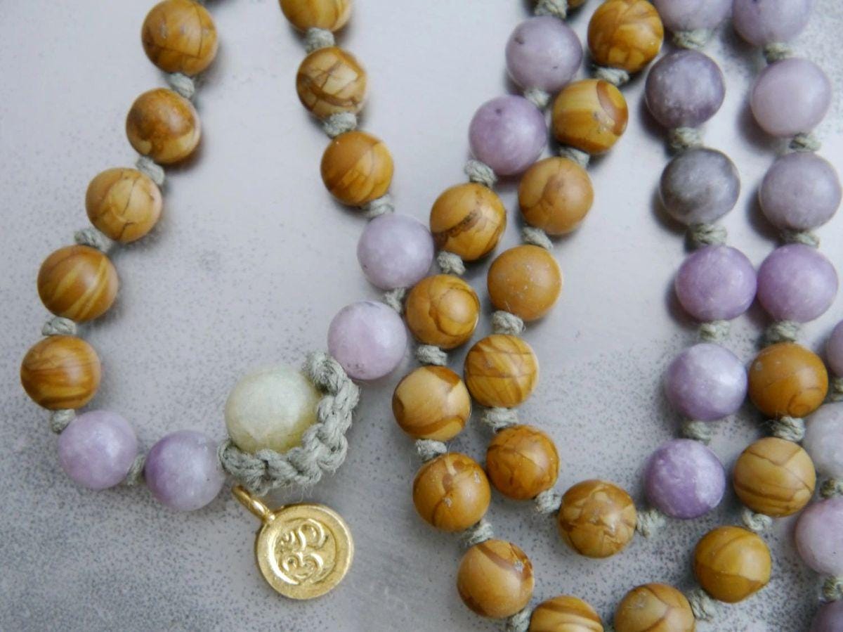 Lilac Tigerskin Jasper Mala Beads, 108 Gemstone Beads, Wrap, Hand Knotted