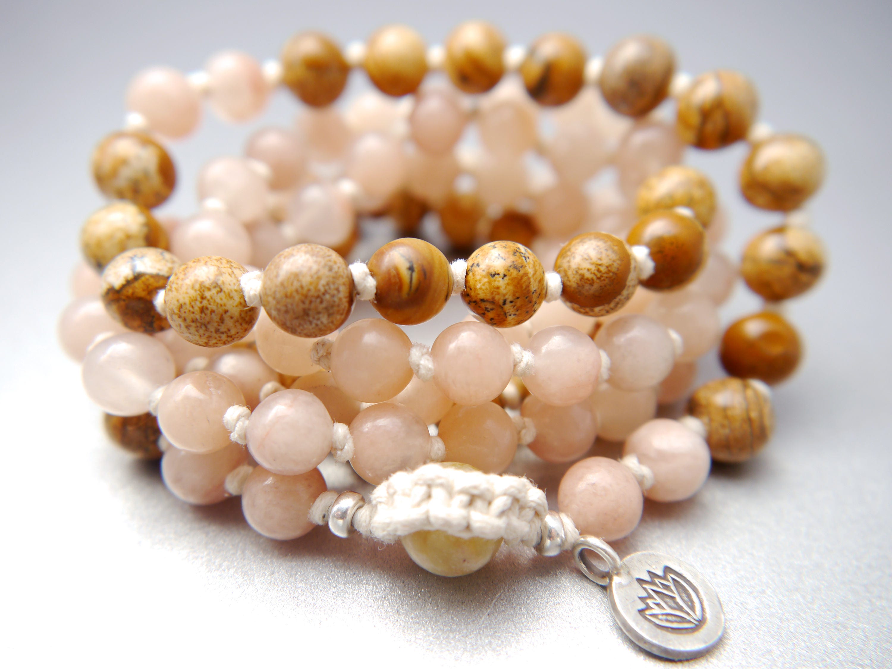 Picture Jasper Pink Aventurine 108 Mala , Hand Knotted , Tibetan Prayer Beads