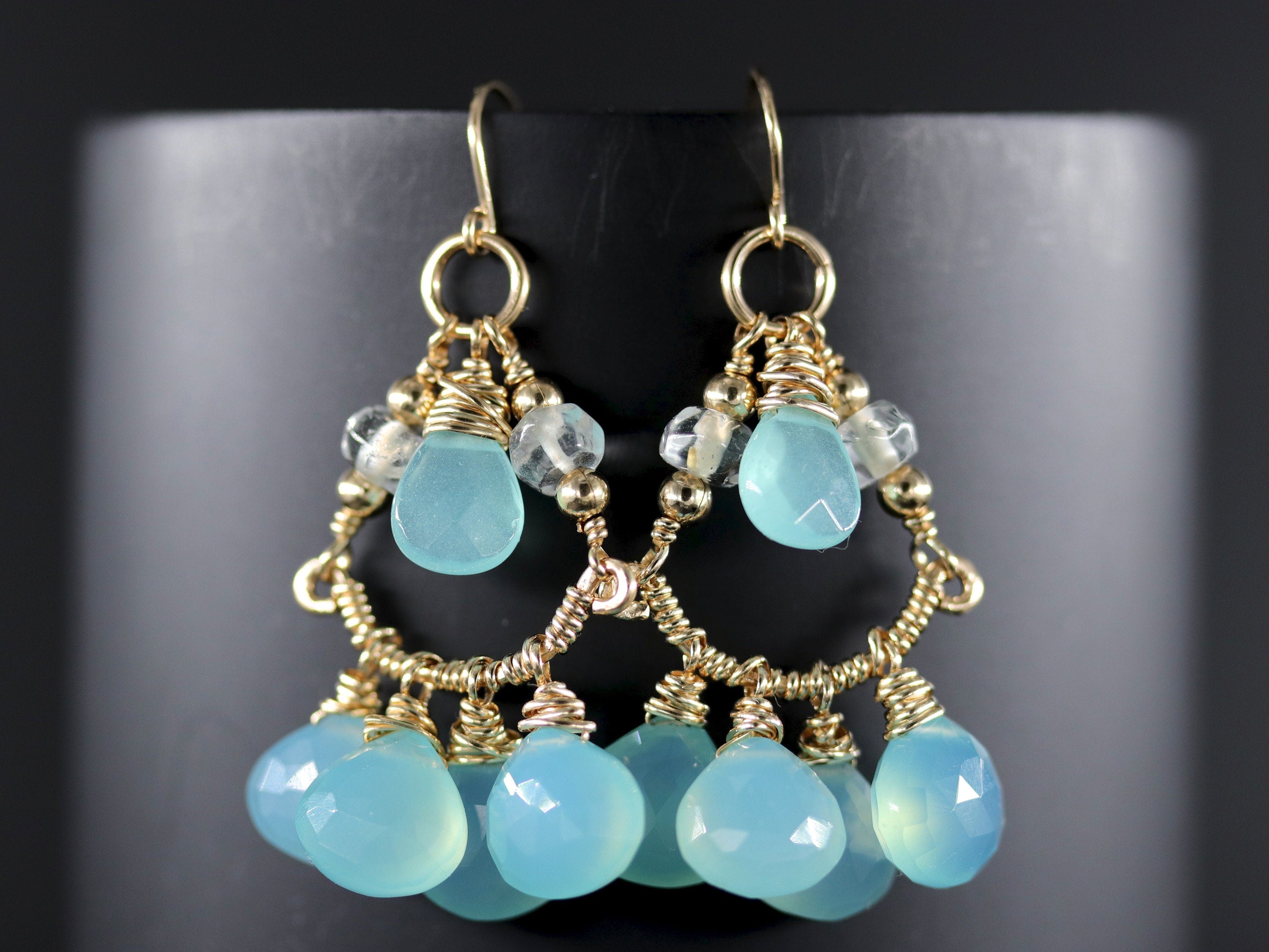 Aqua Chalcedony Heart Chandelier Gemstone Earrings, 14K Gold Filled Something Blue