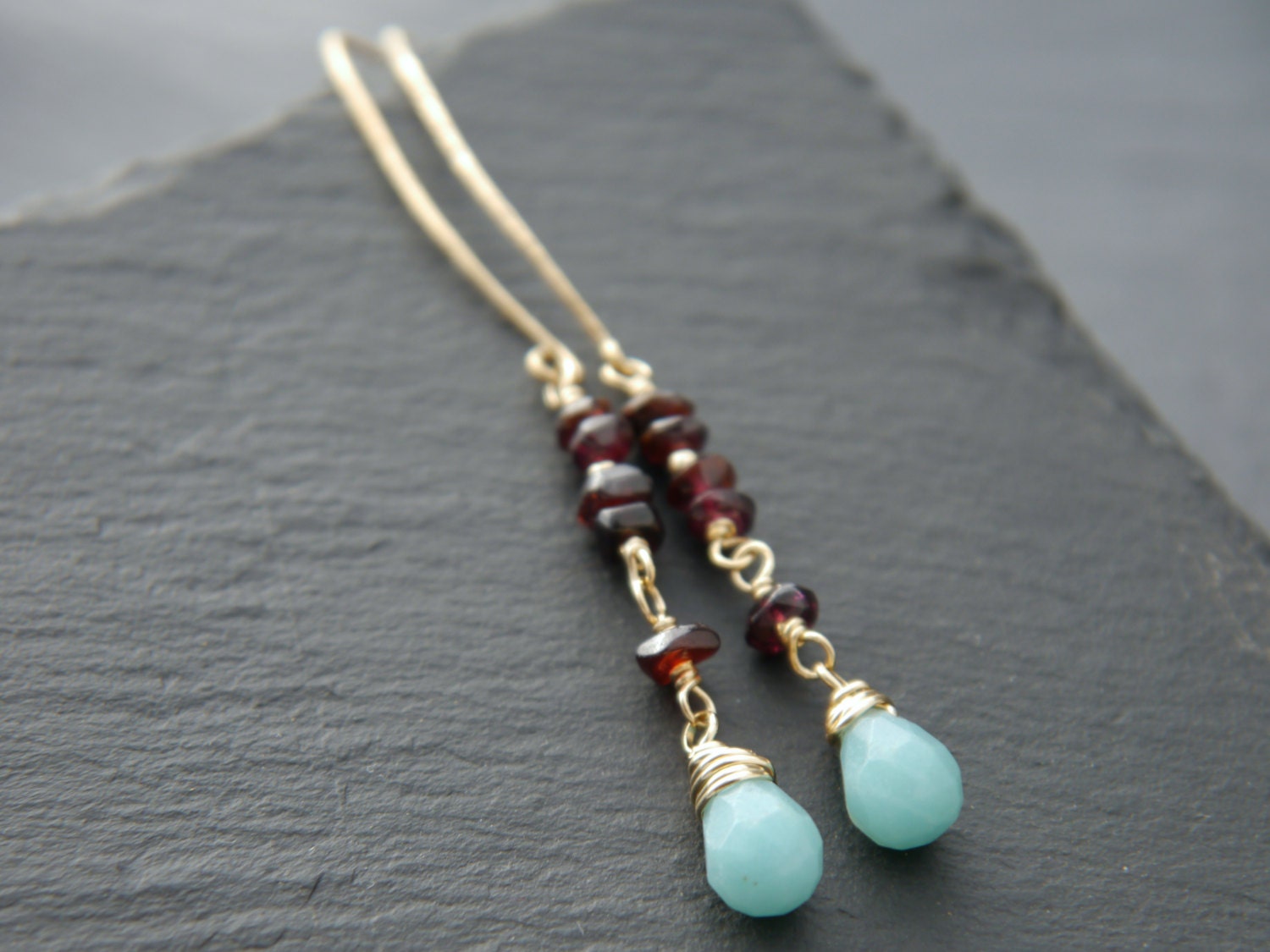 Amazonite Garnet Long Dangle Earrings, 14K Gold Filled Linear Drop, Boho Statement Jewelry