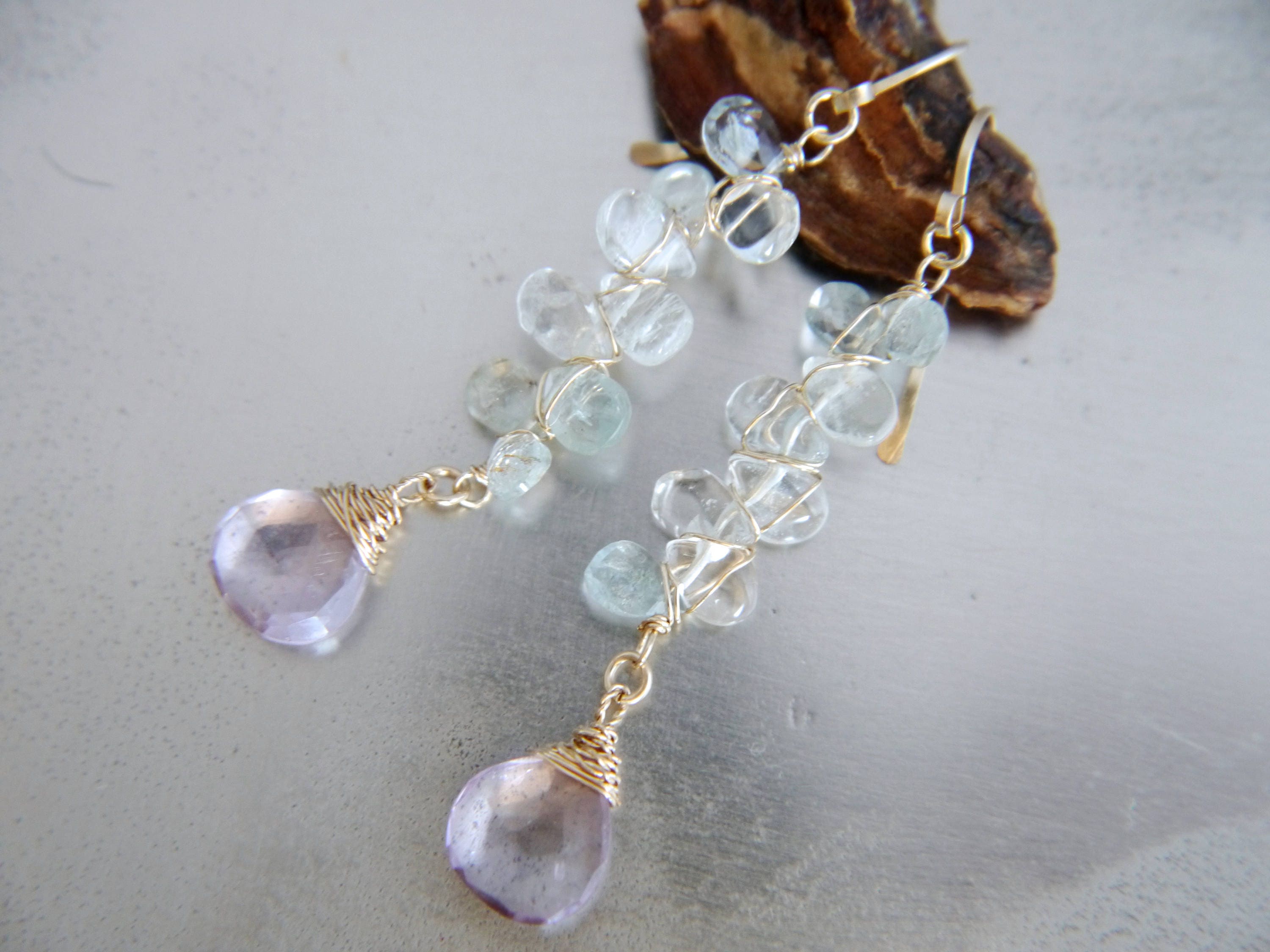 Aquamarine Amethyst Long Dangle Floral Gemstone Earrings, 14K Gold Filled  Wedding