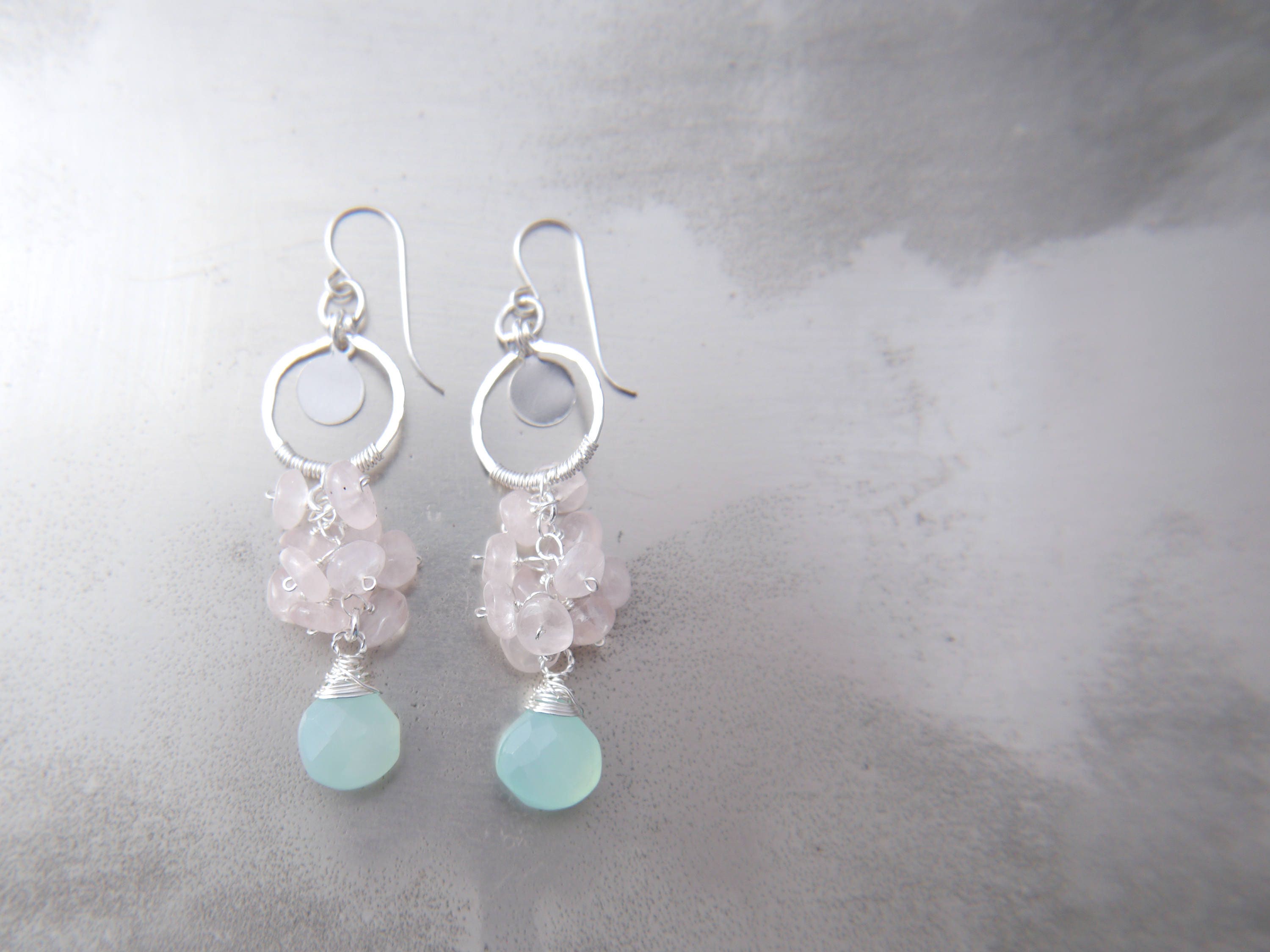 Aqua Chalcedony Rose Quartz Floral Cluster Long Dangle Gemstone Earrings, Sterling Silver