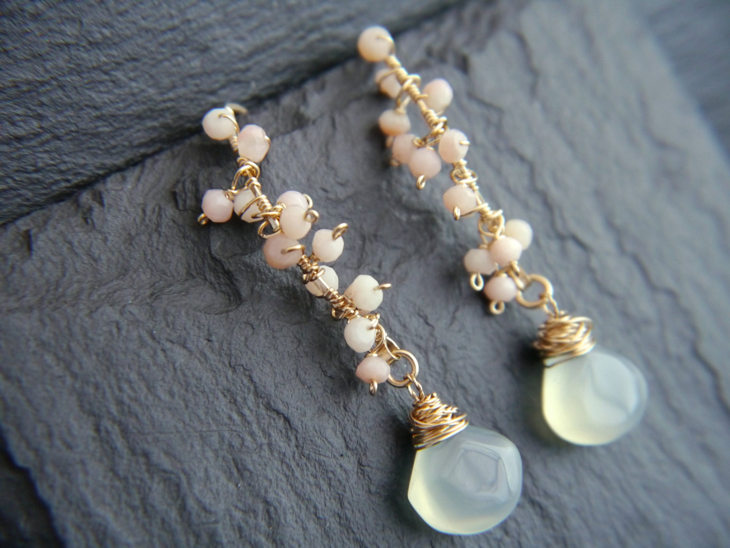 Aqua Chalcedony Briolette Labradorite Cluster Gemstone Earrings, 14K Gold Filled Romantic Style