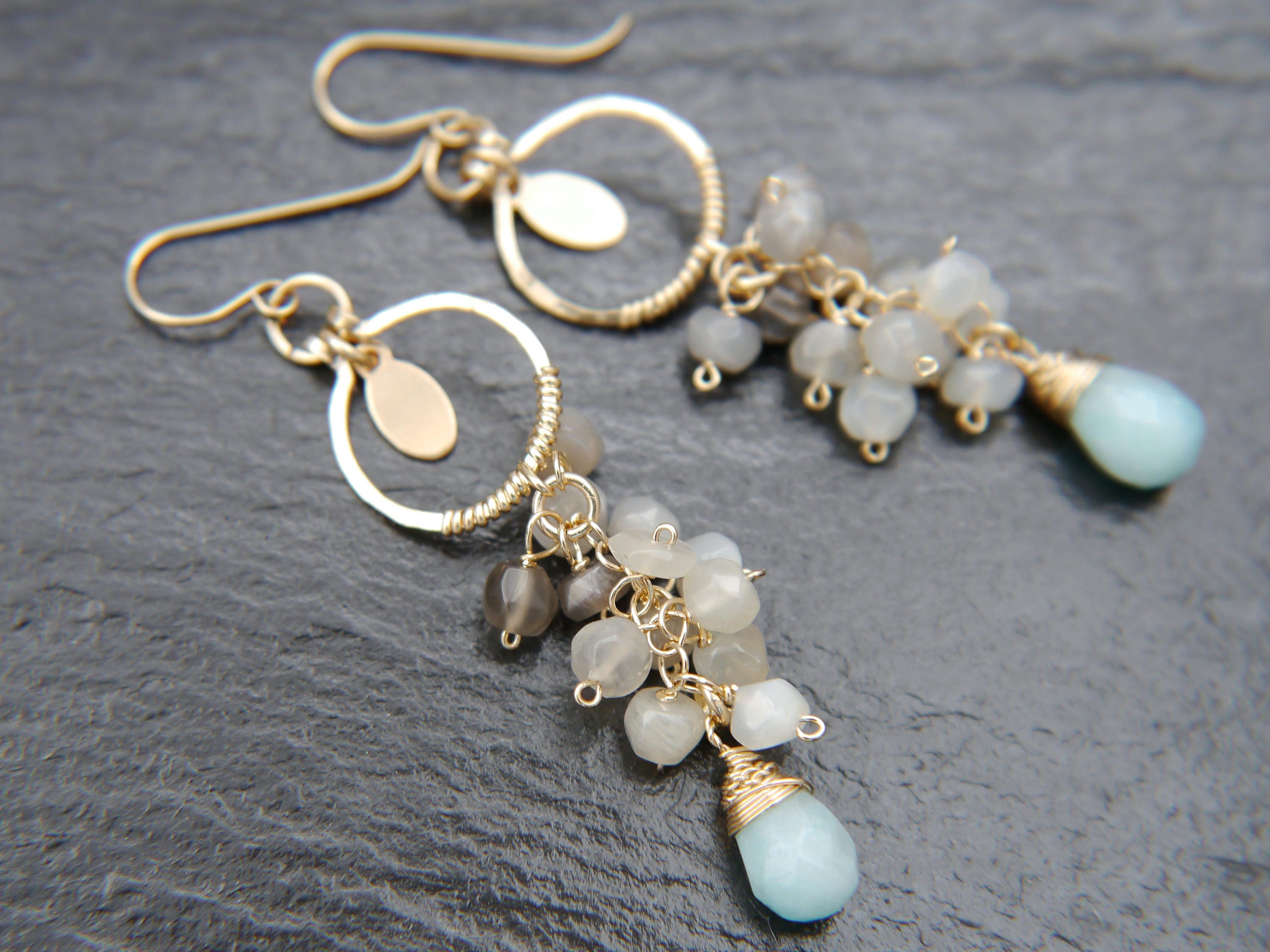 Moonstone Amazonite Cluster Gemstone Earrings 14K Gold Filled Nature Inspired