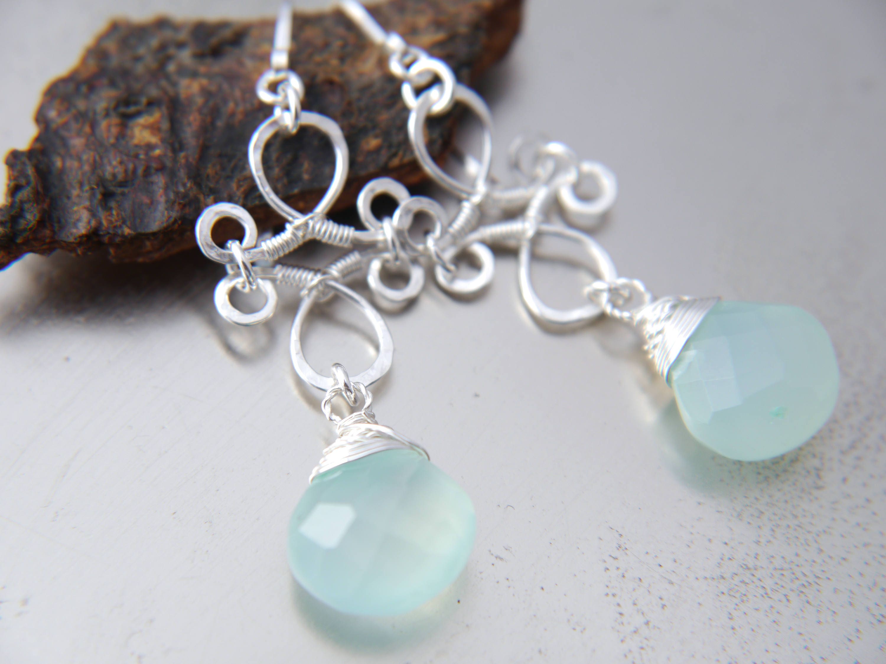 Aqua Chalcedony Heart Briolette Chandelier Gemstone Earrings, Sterling Silver
