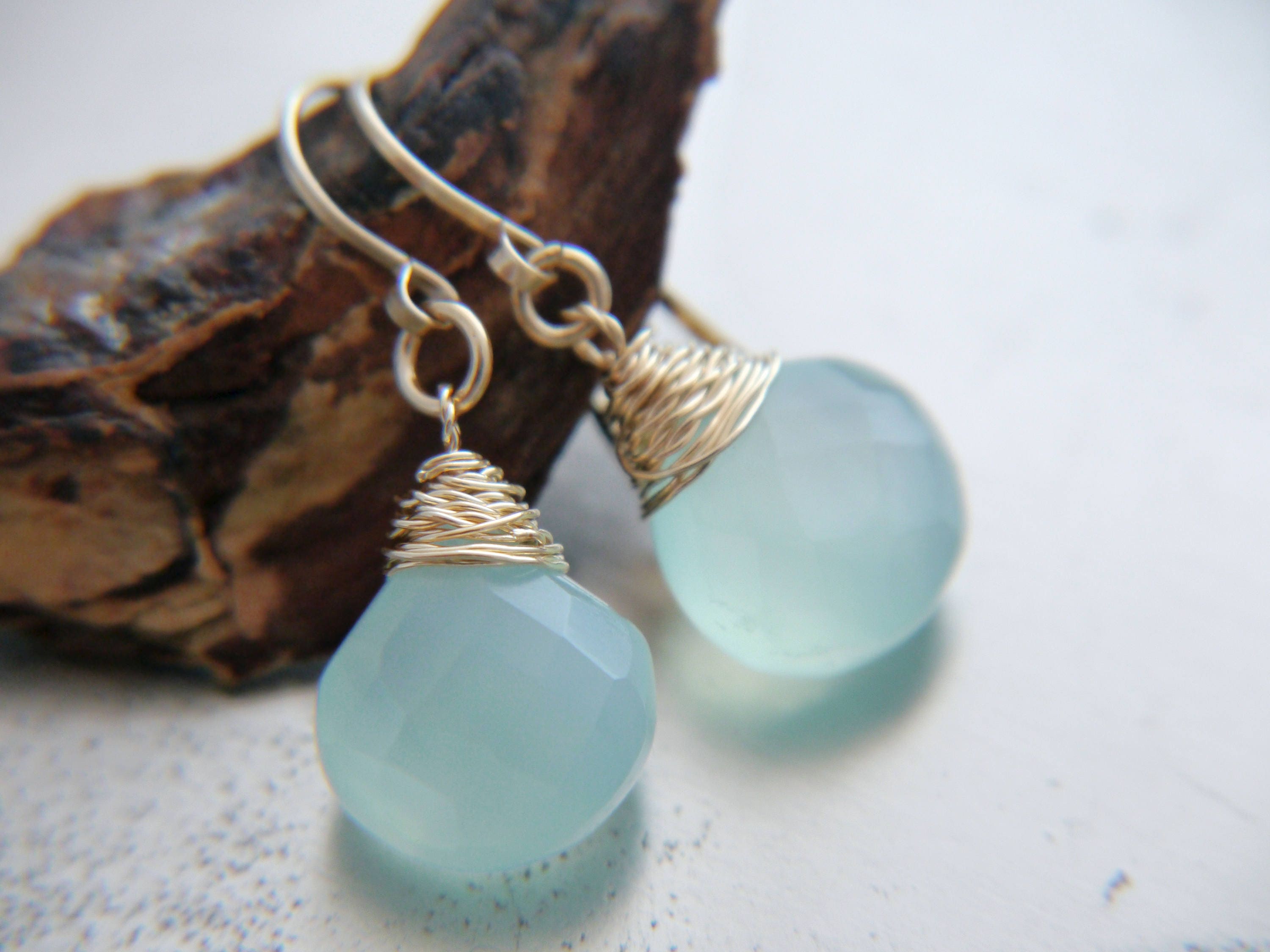 Blue Green Chalcedony Heart Briolette Teardrop Gemstone Earrings, 14K Gold Filled Bohemian Style