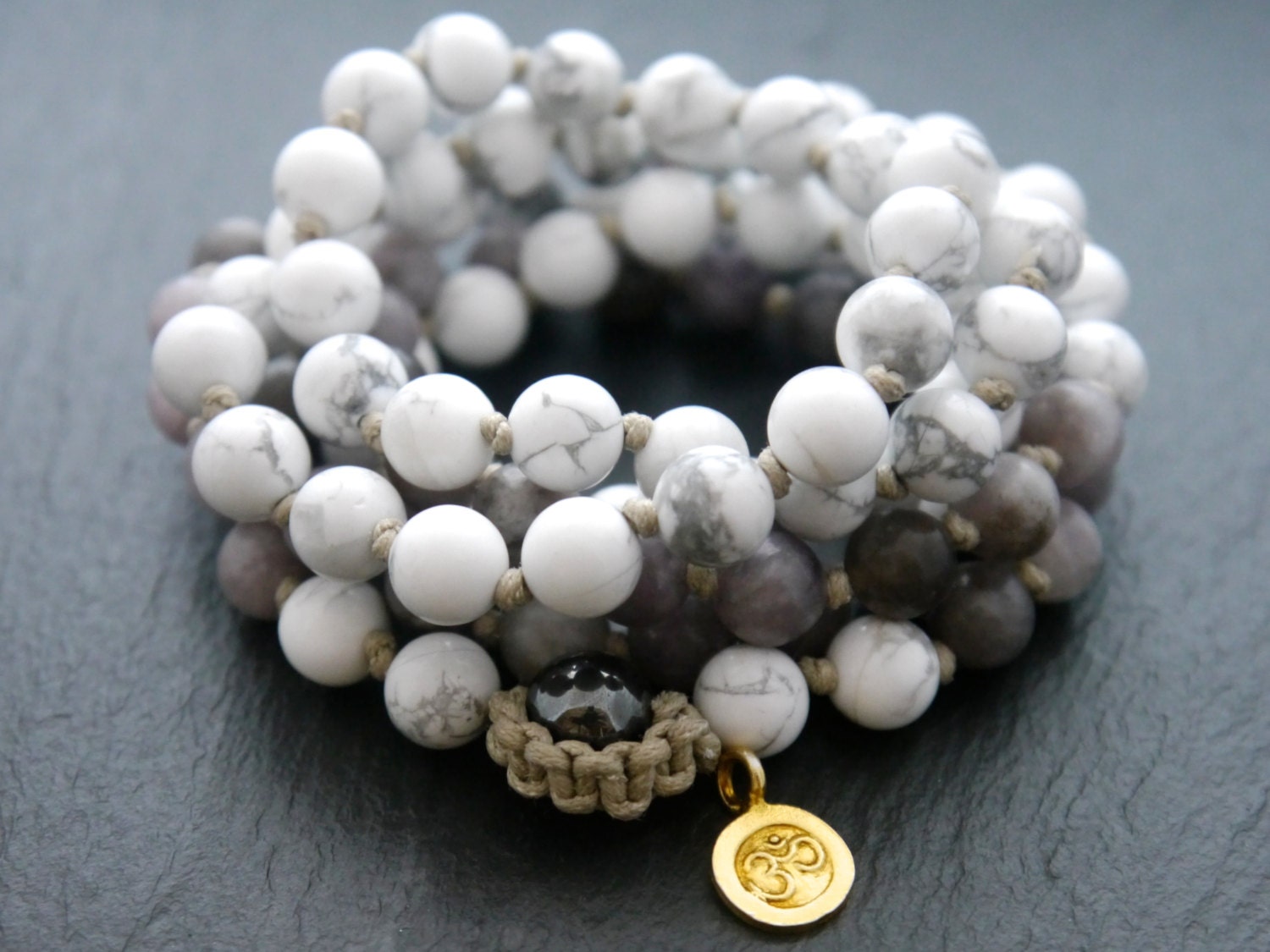 White Howlite Lilac Stone Mala Beads, 108 Gemstone Beads, Wrap, Hand Knotted