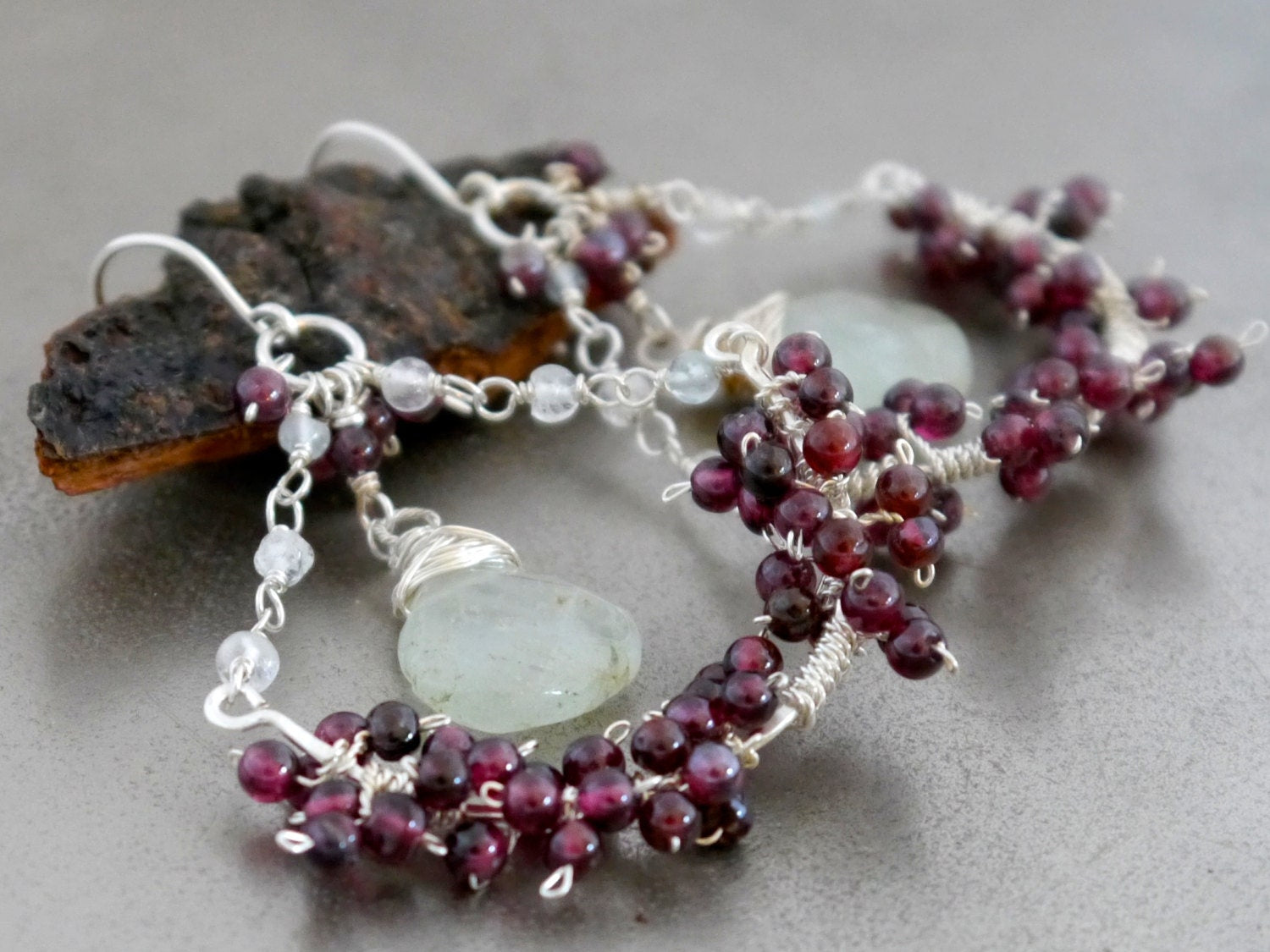 Aquamarine Garnet Floral Chandelier Gemstone Earrings, Sterling Silver Bridal Jewelry