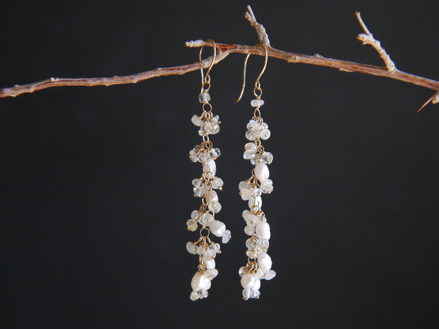 Pearl Aquamarine Long Dangle Floral Cluster Gemstone Earrings, 14K Gold Filled Bridal