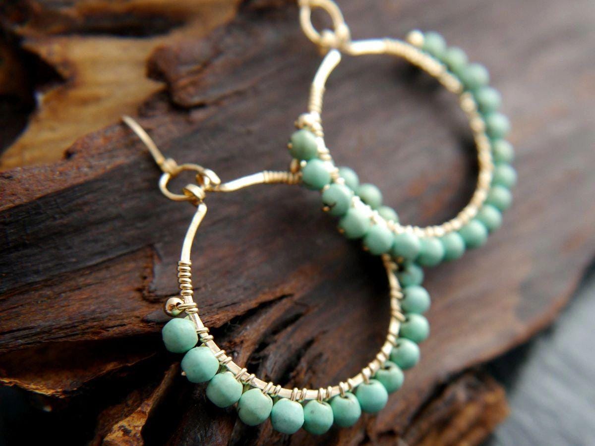 Turquoise Magnesite Hoop Gemstone Earrings, 14K Gold Filled Summer Style