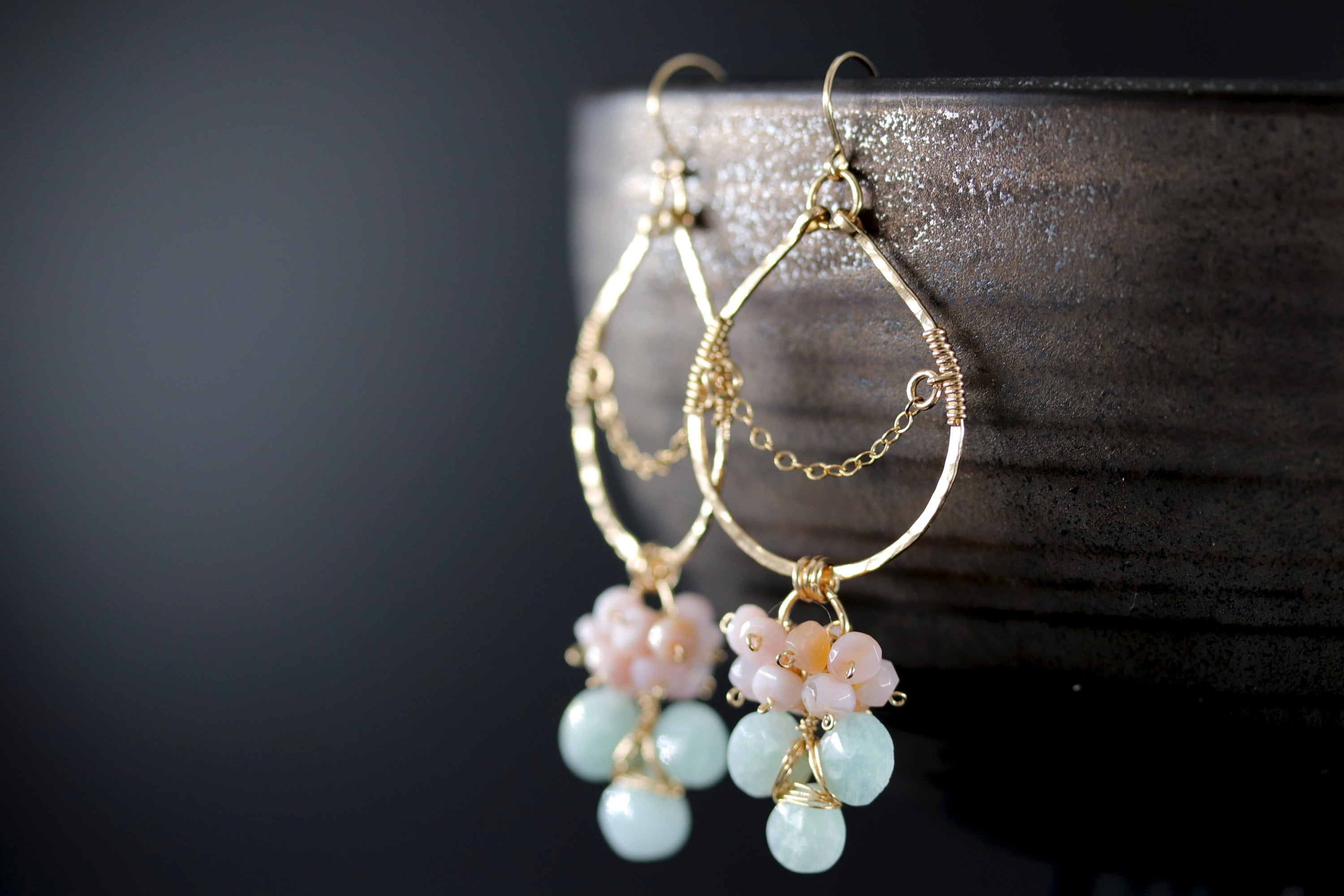 Pink Opal Amazonite Floral Chandelier Gemstone Earrings, 14K Gold Filled Botanical Wedding