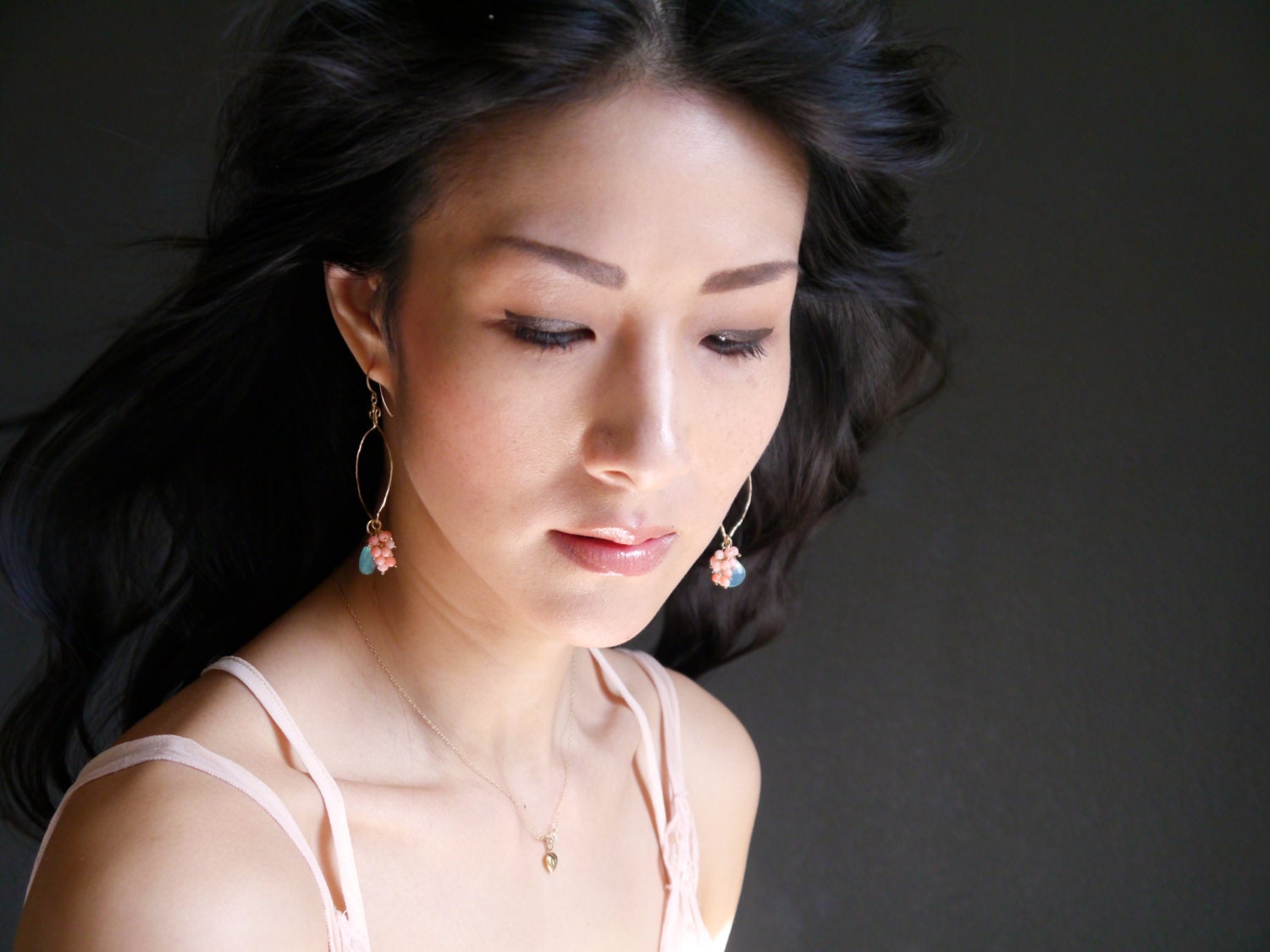 Aqua Chalcedony Pink Coral Floral Cluster Gemstone Earrings, 14K Gold Filled Feminine Gift