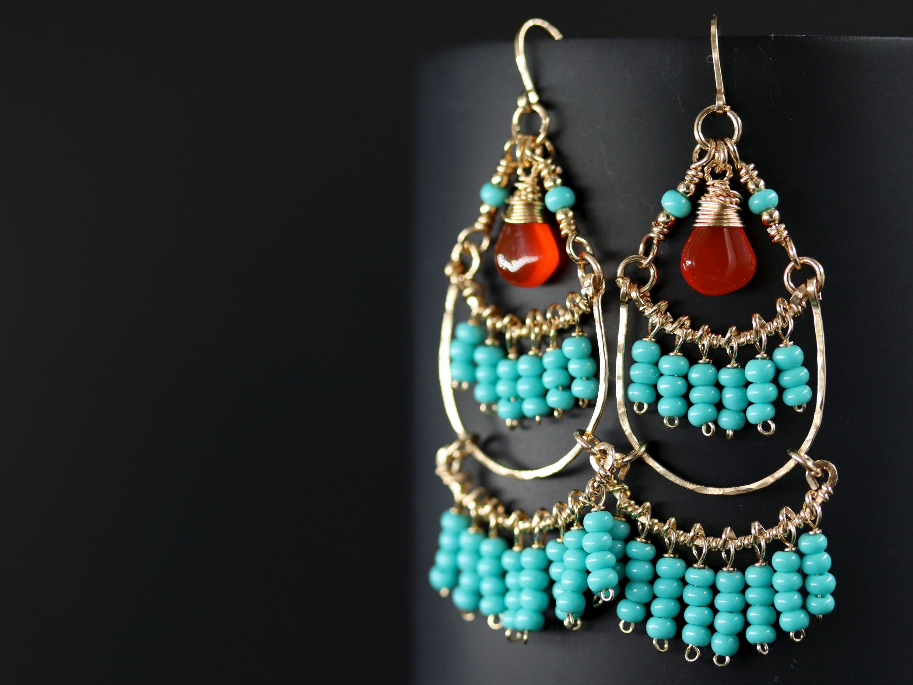 Aqua Czech Glass Carnelian Fringe Chandelier Gemstone Earrings, 14K Gold Filled