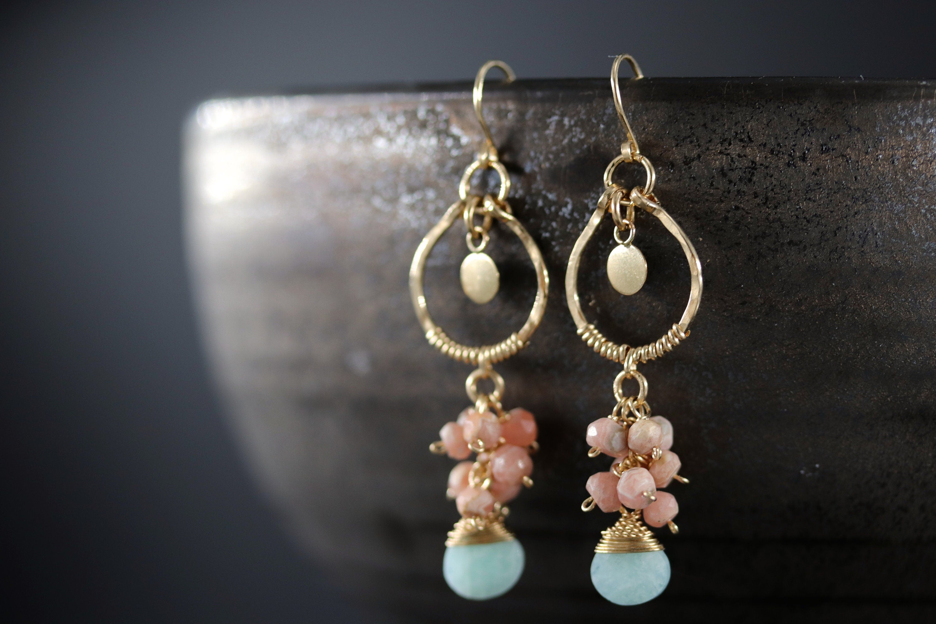 Amazonite Rhodonite Cluster Earrings, 14K Gold Filled Floral Dangle, Romantic Statement