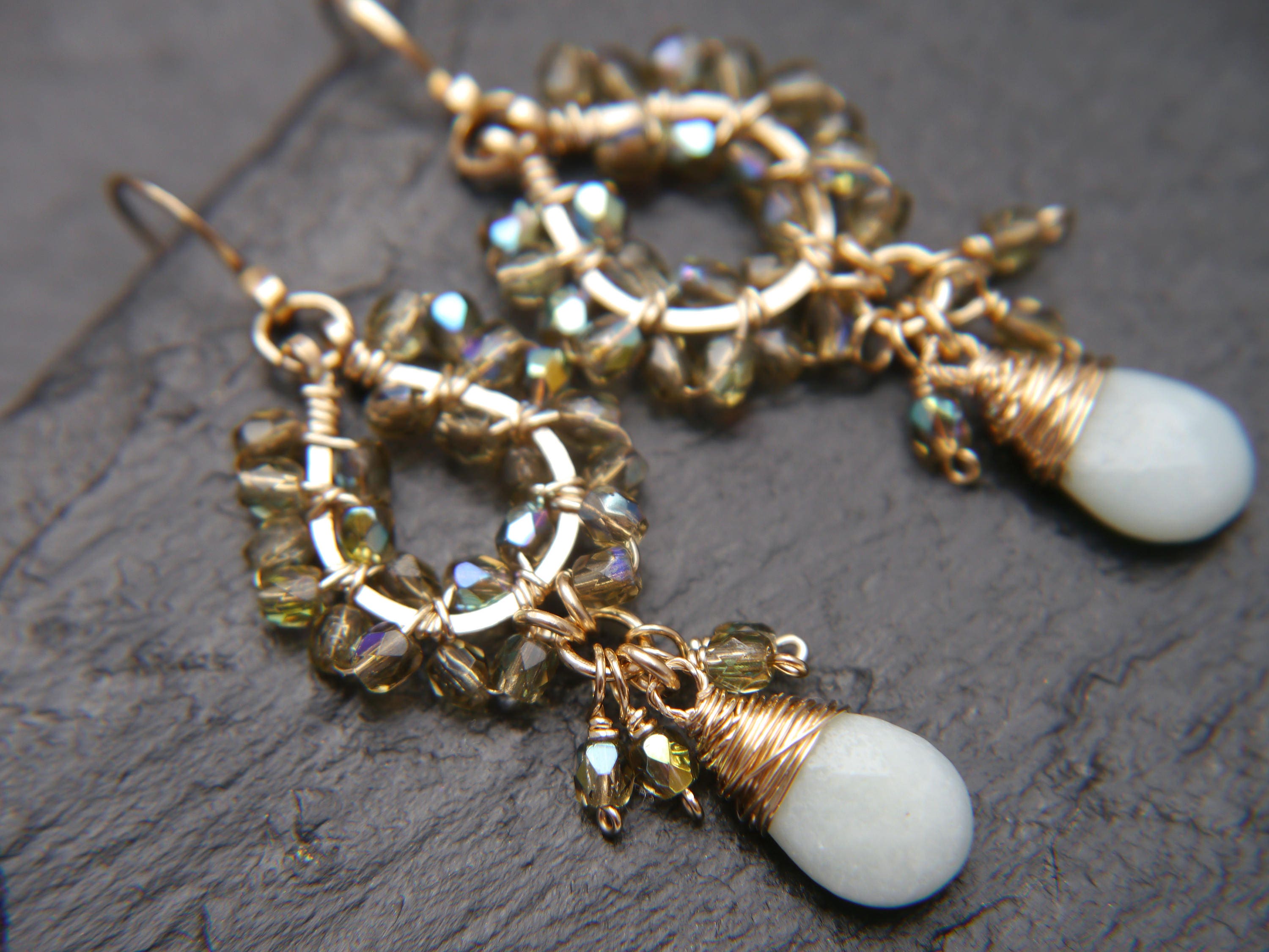 Aquamarine Tortoiseshell Chandelier Gemstone Earrings, 14K Gold Filled Boho