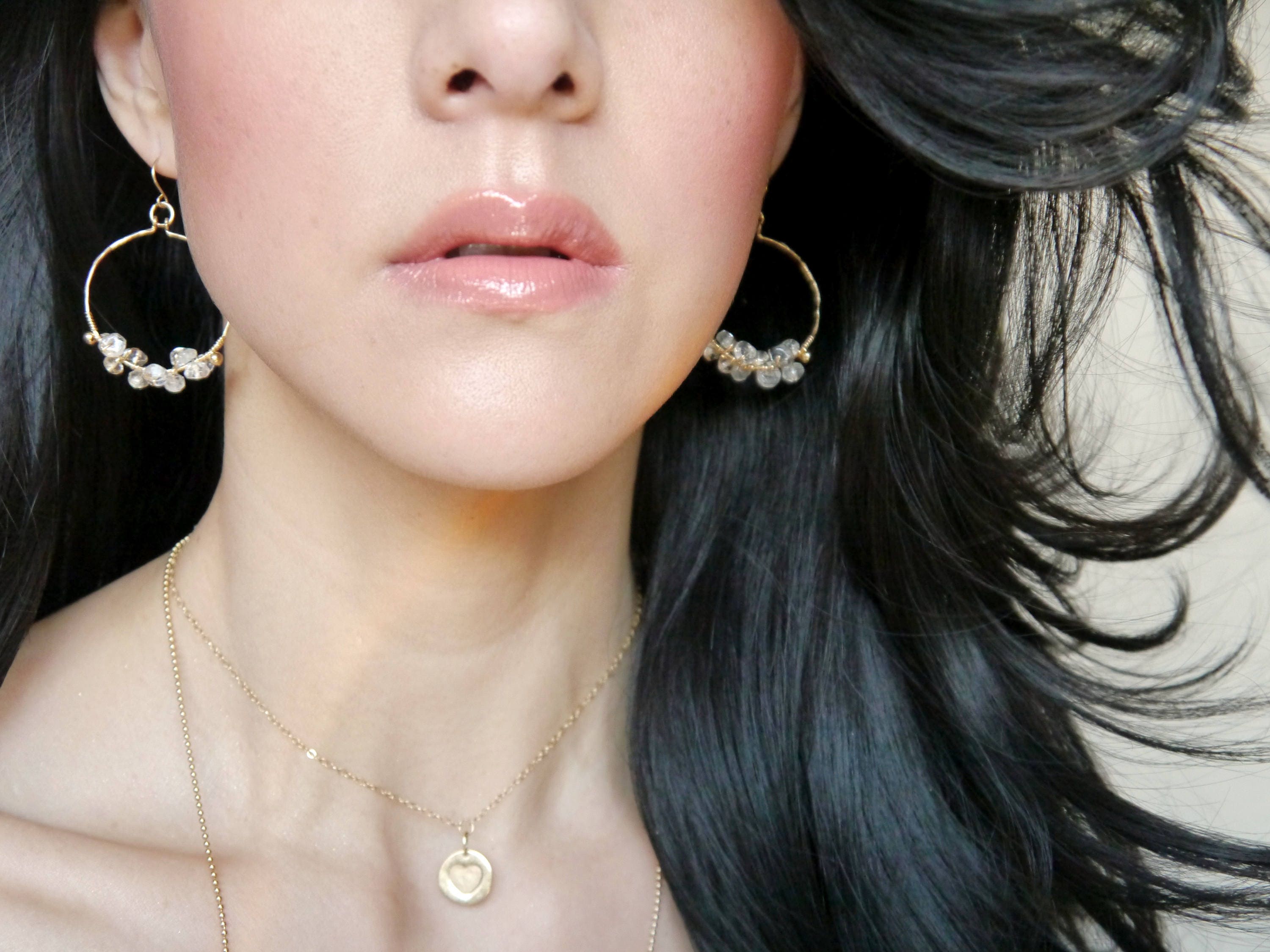 Citrine Hoop Gemstone Earrings, 14K Gold Filled Bohemian Style