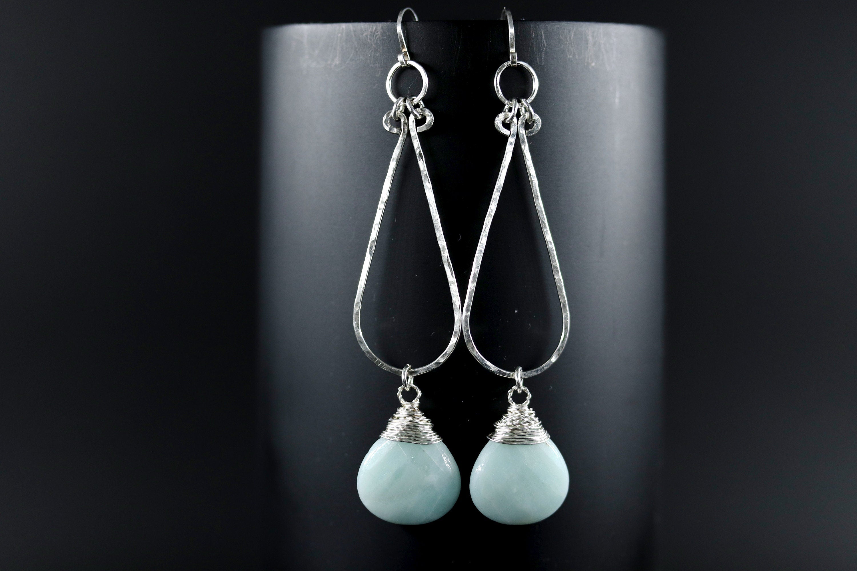 Aqua Amazonite Long Teardrop Hoop Gemstone Earrings, Sterling Silver