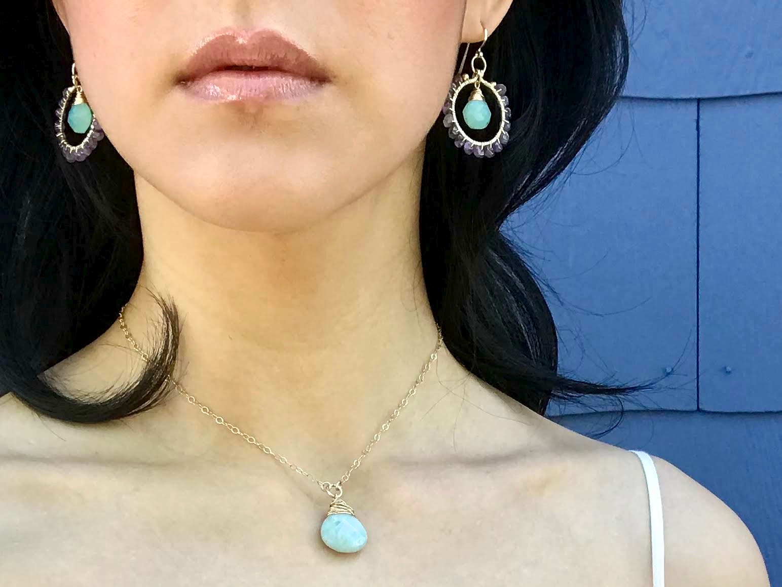 Amethyst Aqua Chalcedony Hoop Earrings, 14K Gold Filled Gemstone Hoops, Boho Jewelry