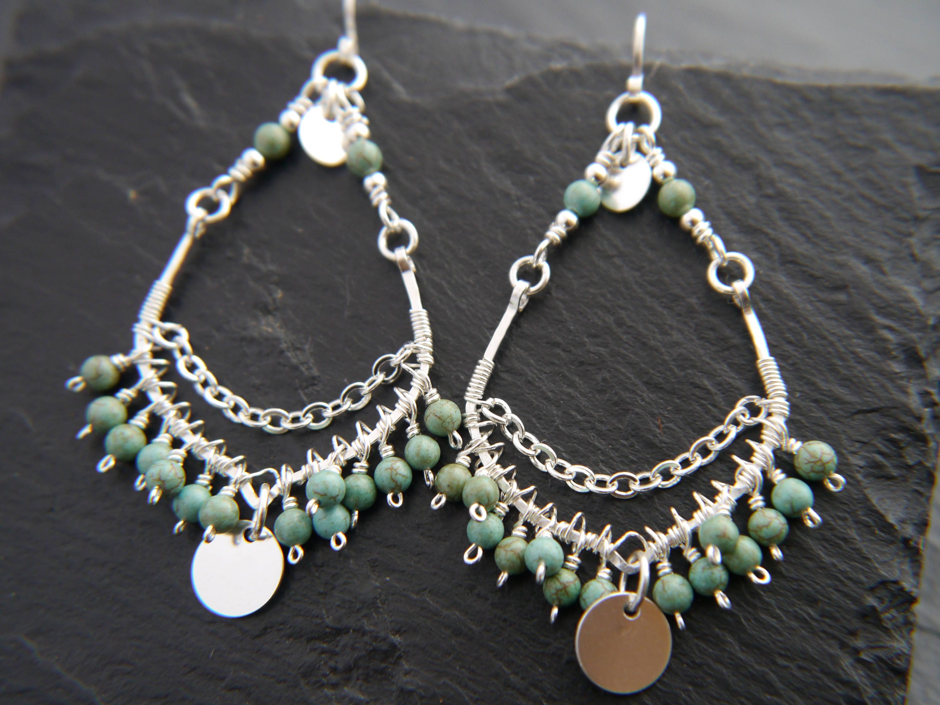 Turquoise Magnesite Chandelier Gemstone Earrings, Sterling Silver Boho Statement