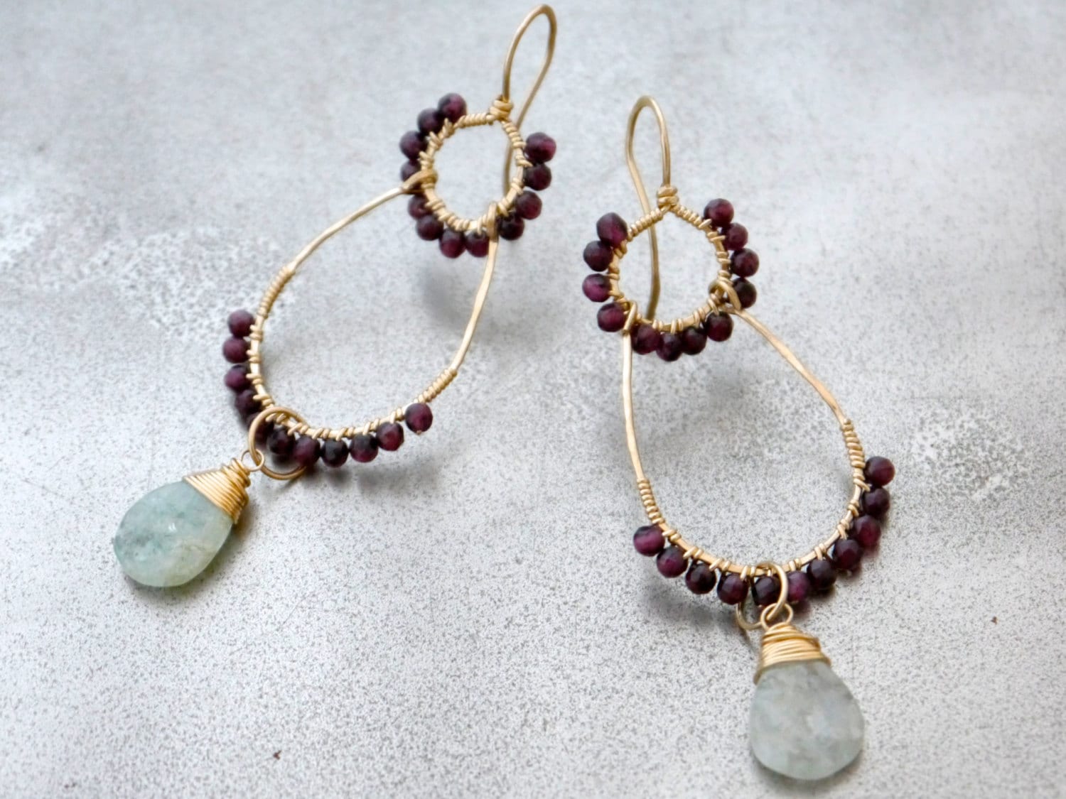 Aquamarine Garnet Chandelier Gemstone Earrings, 14K Gold Filled Botanical Design