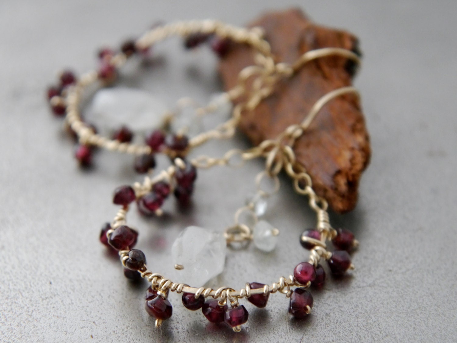 Garnet Aquamarine Floral Hoop Earrings, 14K Gold Filled Gemstone Hoops, Boho Jewelry