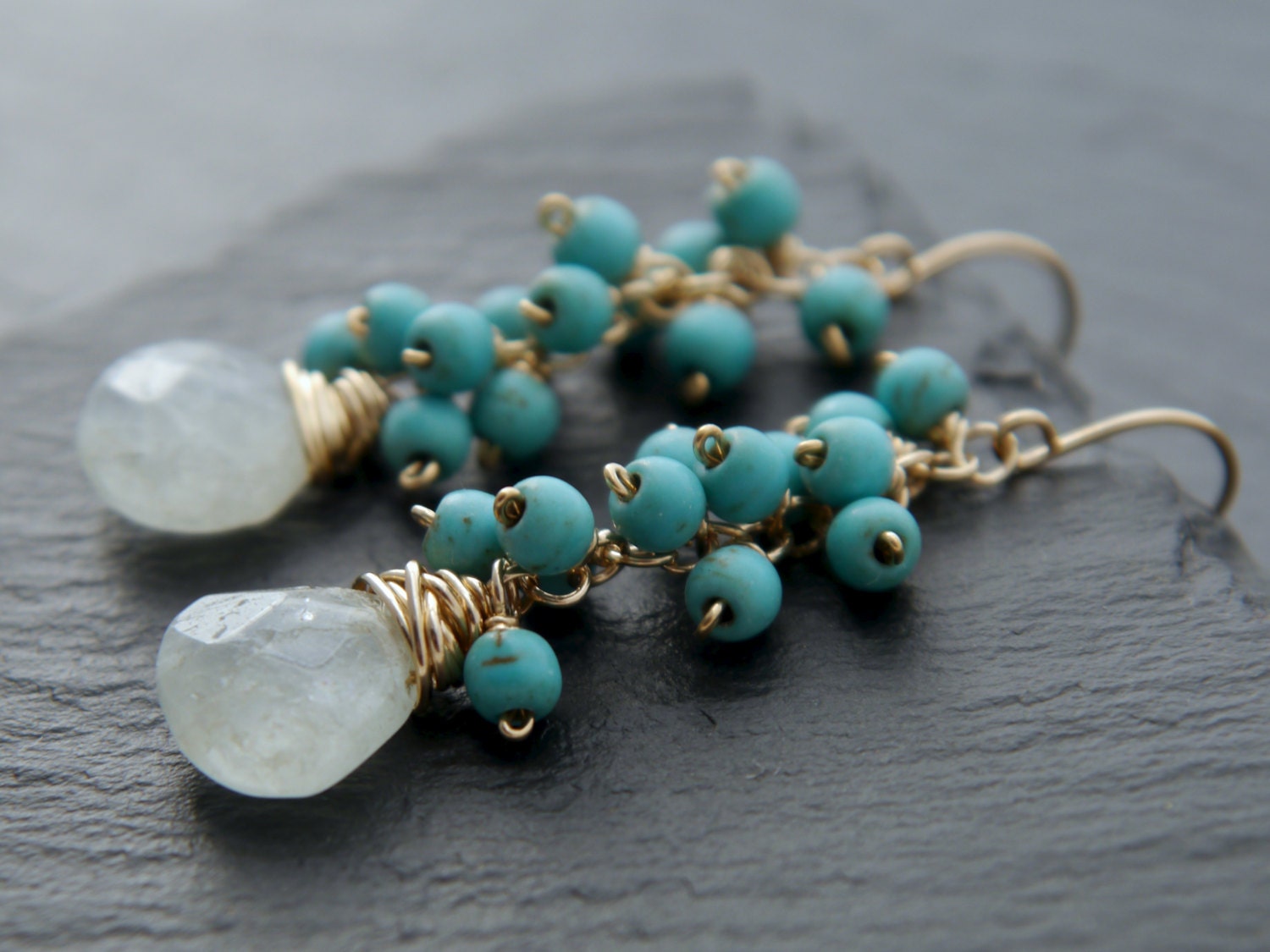 Aquamarine Turquoise Magnesite Cluster Dangle Gemstone Earrings, 14K Gold Filled Boho