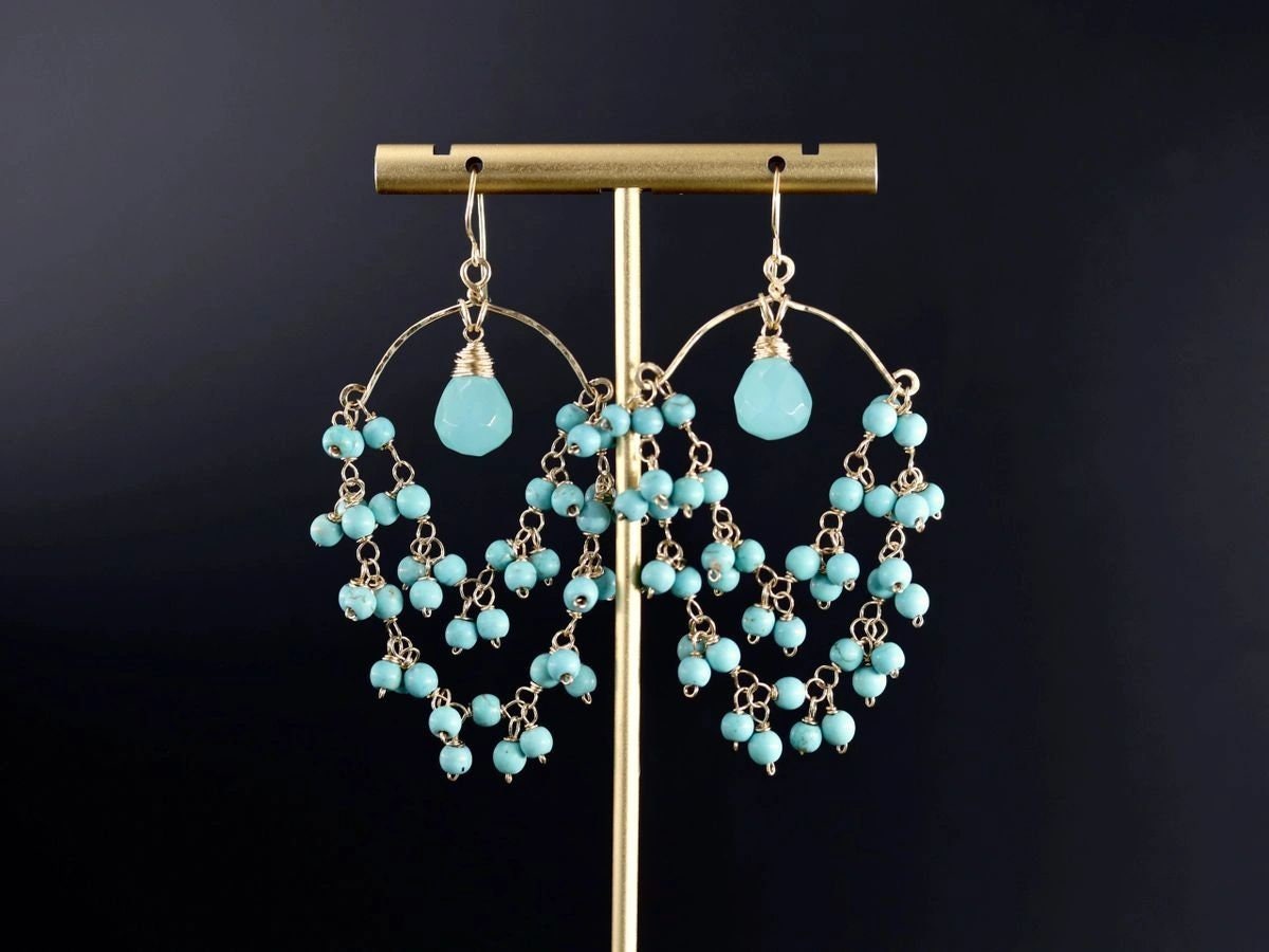 Turquoise Magnesite Aqua Chalcedony Fringe, Gemstone Earrings, 14K Gold Filled Bohemian Wedding