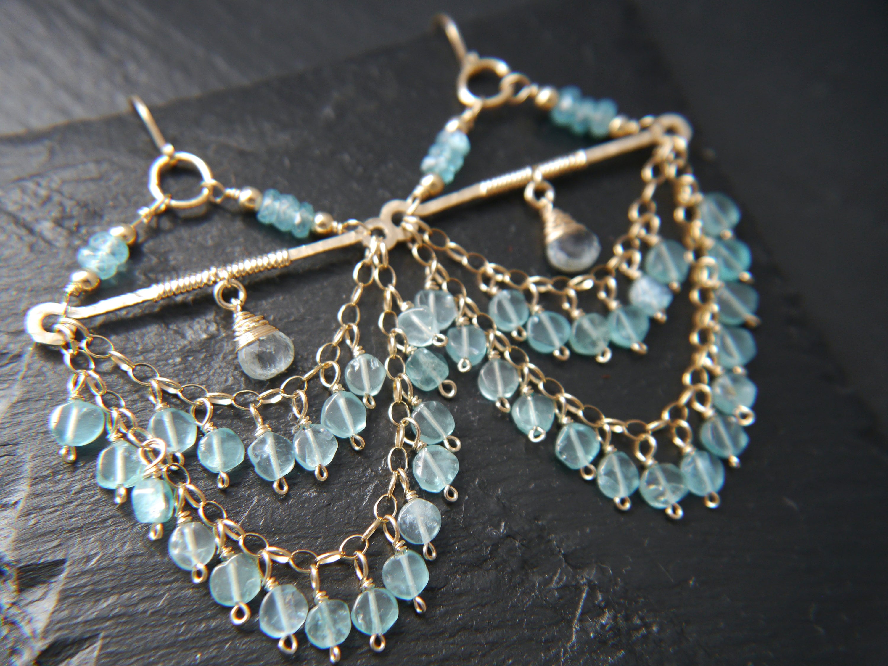Aquamarine Fringe Chandelier Earrings, 14K Gold Filled Tiered Waterfall Dangle, Coastal Bridal Statement Jewelry