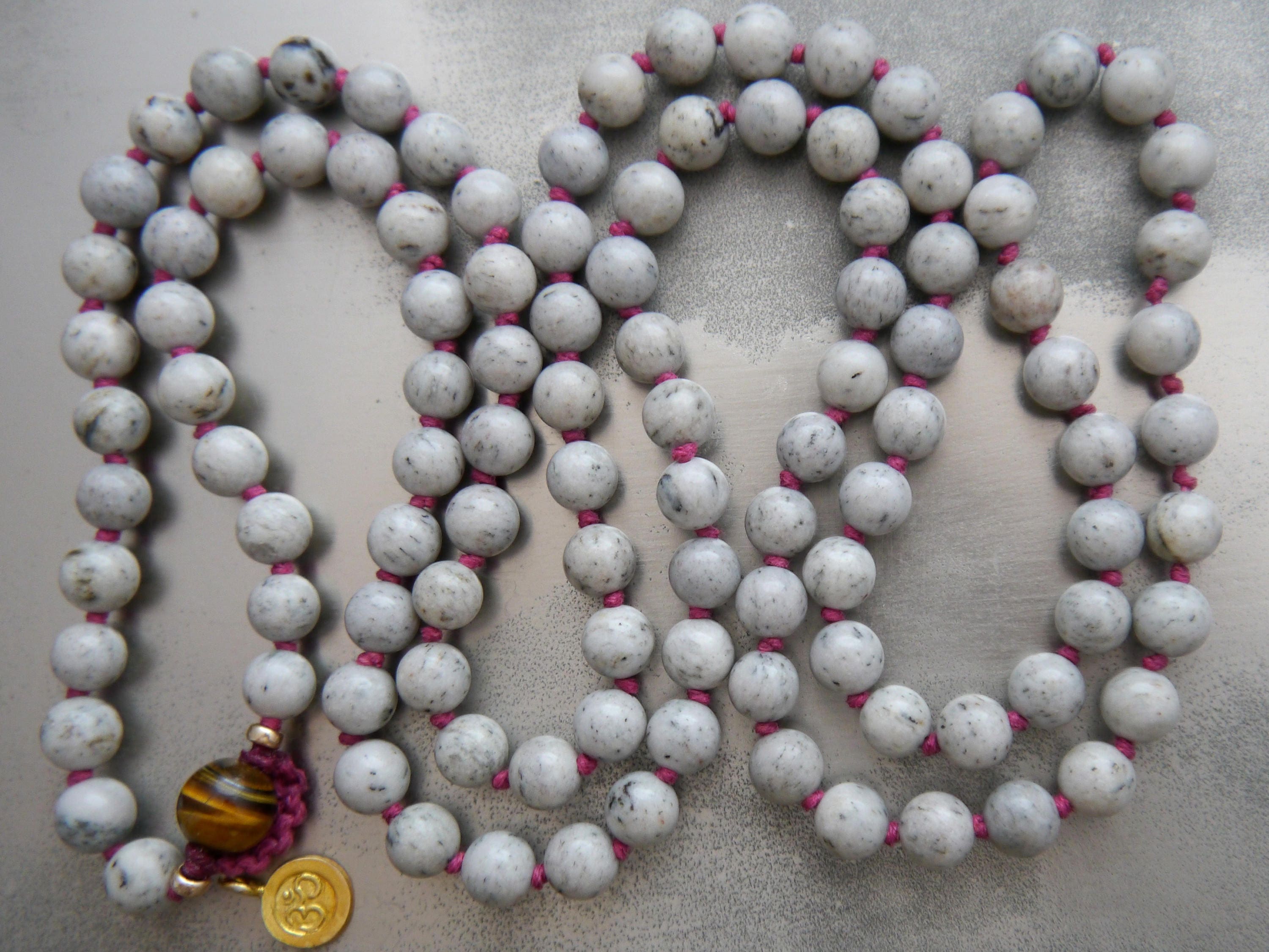 Gray Feldspar 108 Mala Bead , Wrap, Hand Knotted Tibetan Prayer Beads
