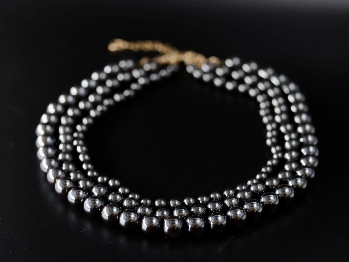 Hematite Multi Strand Bib Necklace Gold Filled, Statement Jewelry