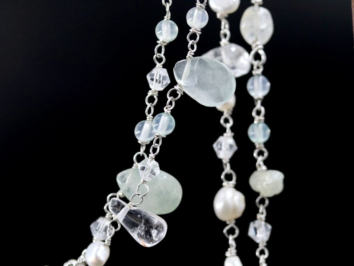 Aquamarine Pearl Rosary Chain Lariat Y Gemstone Necklace, Sterling Silver, Bohemian
